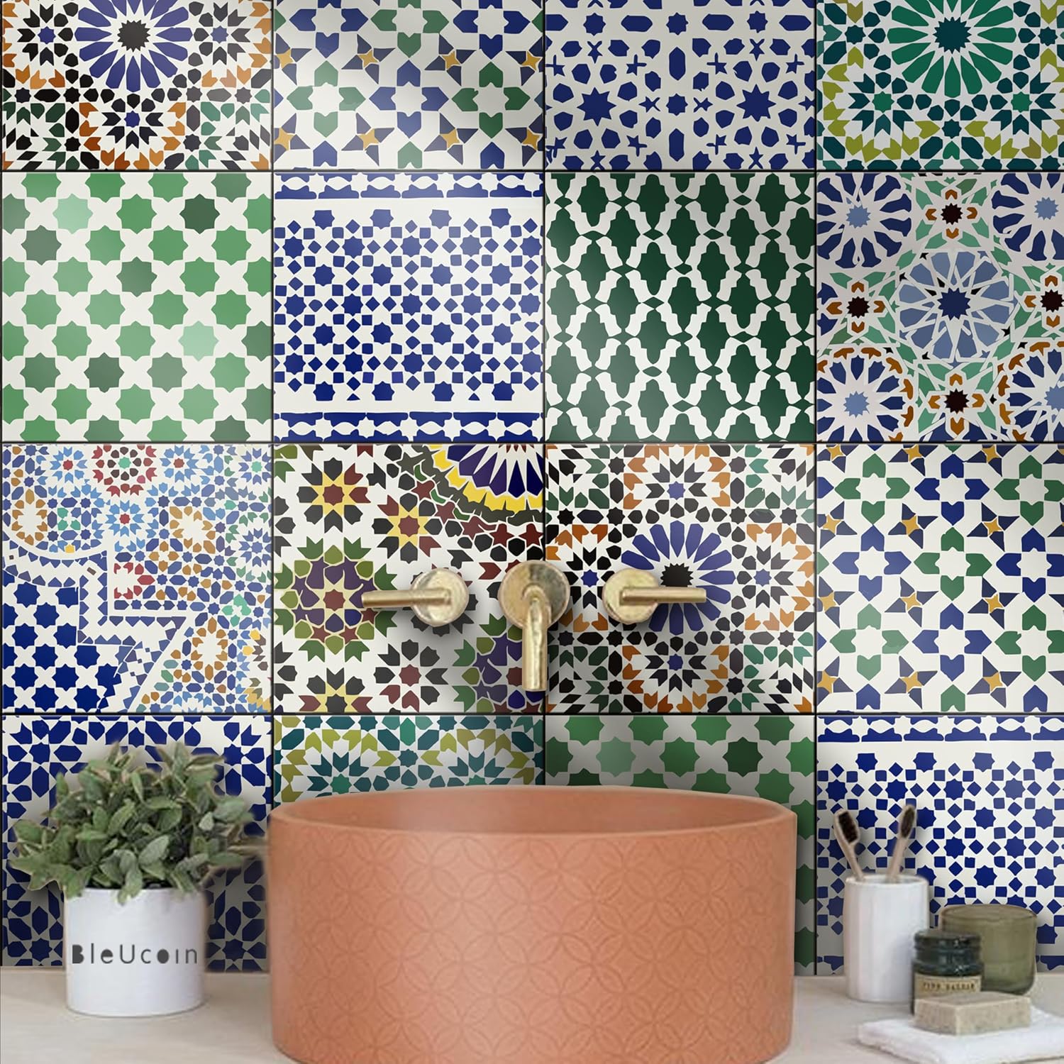 Bleucoin Tagine Peel and Stick Tile Stickers for Kitchen Bathroom Backsplash Waterproof Removable Eco Friendly Decals, DIY Vinyl Renters Home Décor (3" x 3" (Pack of 44))