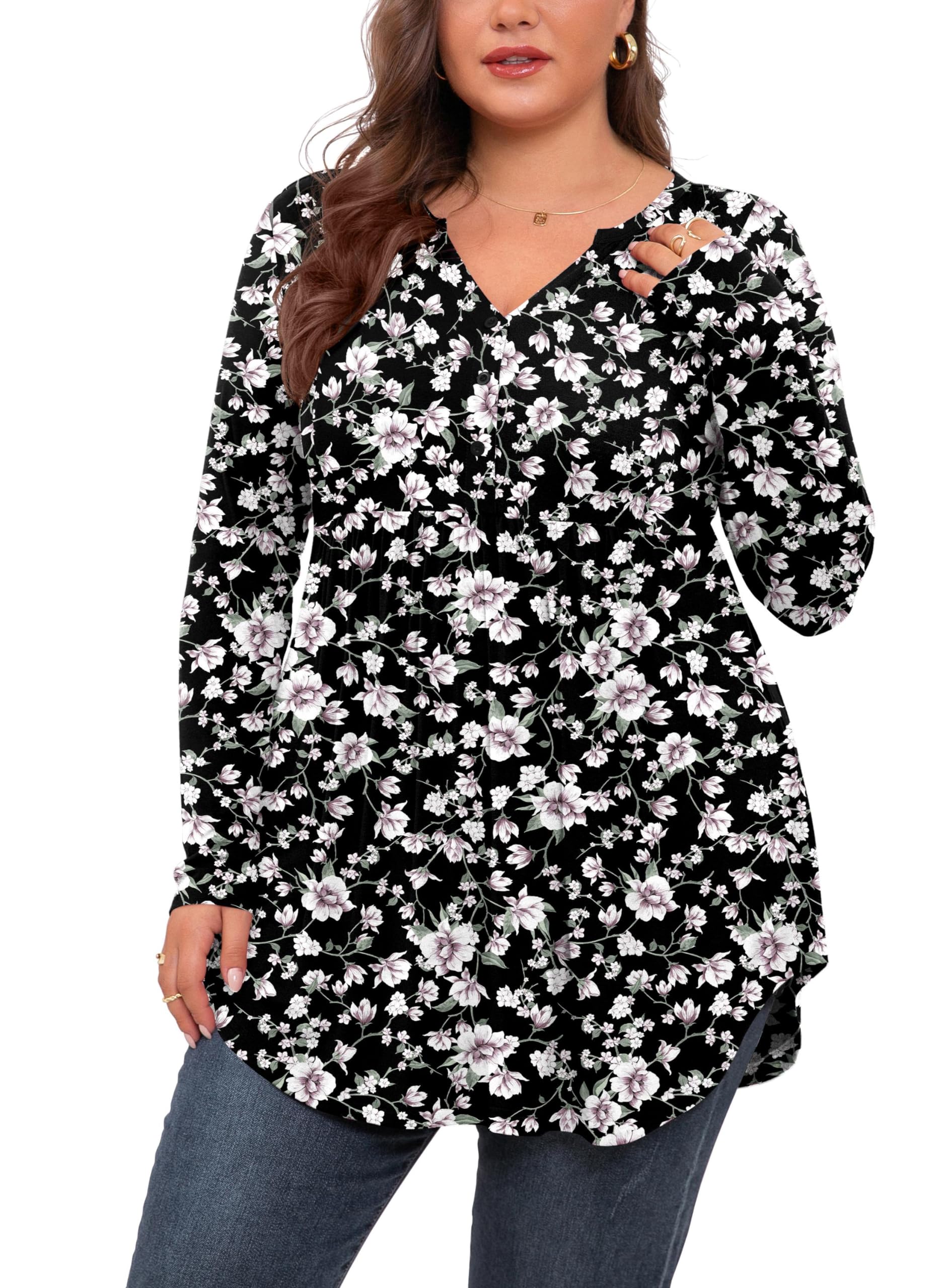 SHIJIALI Women's Plus Size Henley Shirts V Neck Button Tunic Tops Casual Long Sleeve Swing Flowy Blouse
