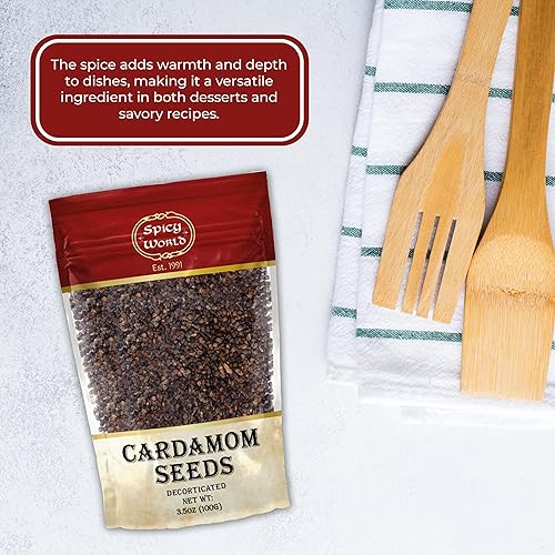 Vista 7 de Spicy World Semillas de cardamomo decoradas bolsa de 3.5 onzas – Natural, vegano – Sin vainas, también conocida como semillas de Elaichi