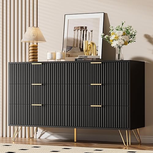 Black Dresser for Bedroom, Modern Dresser with Gold Metal Handles & Chests of Drawers for Bedroom, 15.7" D x 47.2" W x 29.5" H