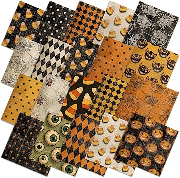 HunnmingRe 20 Pcs 10x10 Vintage Halloween Quilting Fabric Square Bundle Skull Spider Black Cat Precuts Quiltted Fabric Candy Corn Printed Patchwork Material Supplies for Holiday DIY Sewing Craft