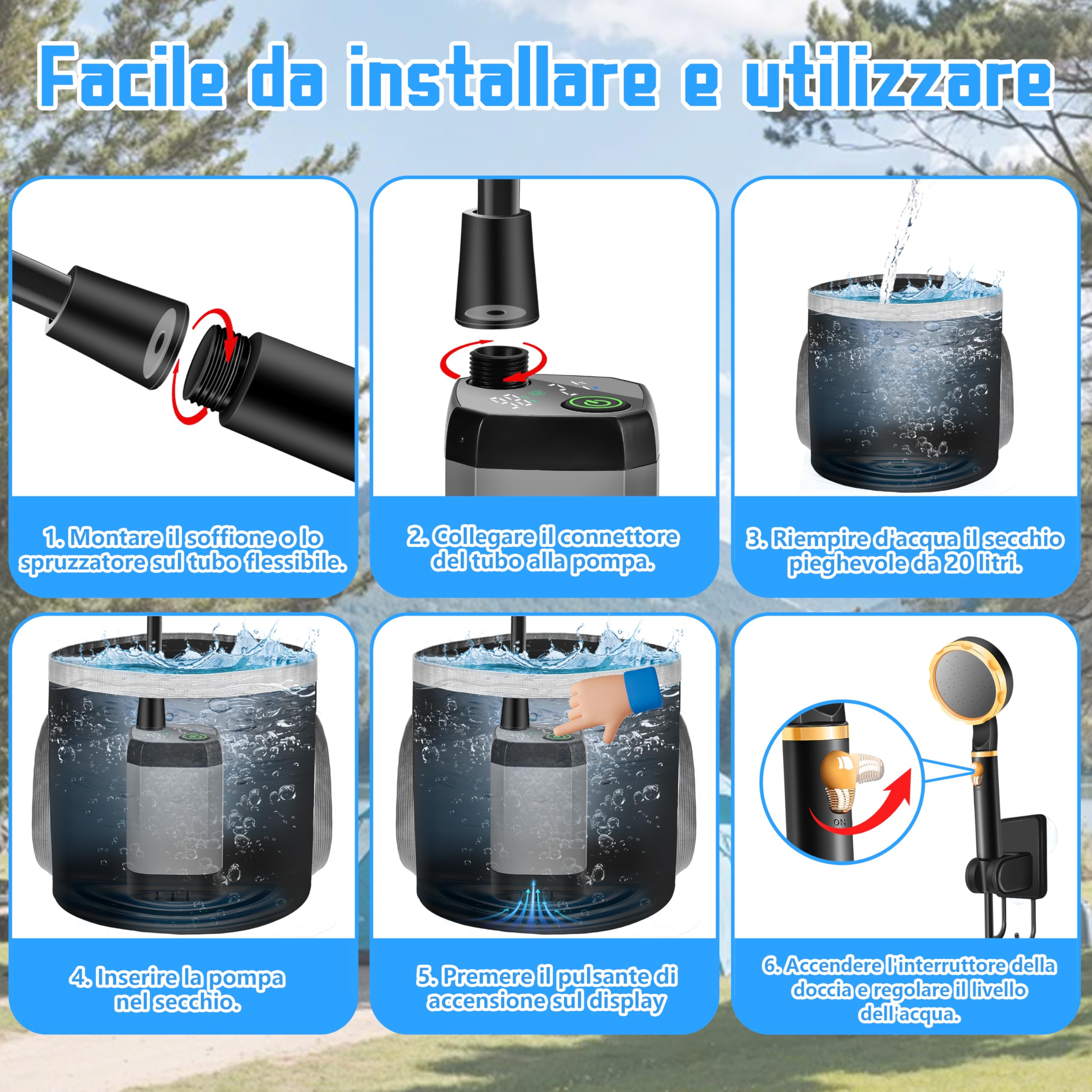 B.TAWD Set doccia portatile da campeggio, 4400 mAh, ricaricabile tramite USB, impermeabile IPX7, pompa doccia + secchio pieghevole per famiglia, campeggio, escursionismo, viaggi, spiaggia, animali