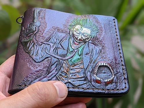 Men's 3D Genuine Leather Wallet, Hand-Carved, Hand-Painted, Leather Carving, Custom wallet, Personalized wallet, Joker, Laugh HA HA HA, Smile, Face,