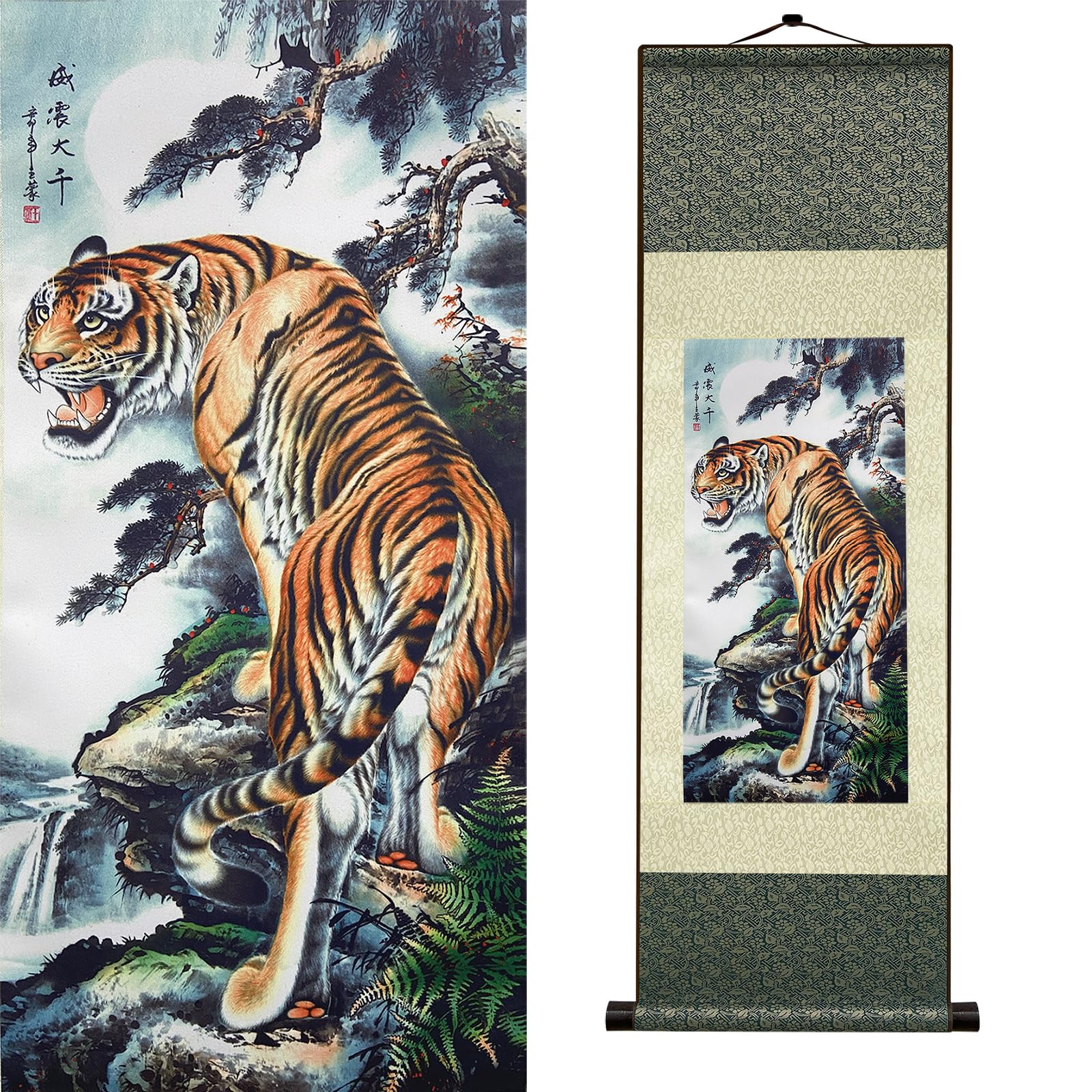 Newscz Bedroom Wall Art Silk Scroll Animal Tiger Wall Painting Lord of the Jungle Posters Wall Tapestry Asian Art House Decoration for Home Living Room Lounge Decor 36 by 12 in(HJ-L005)