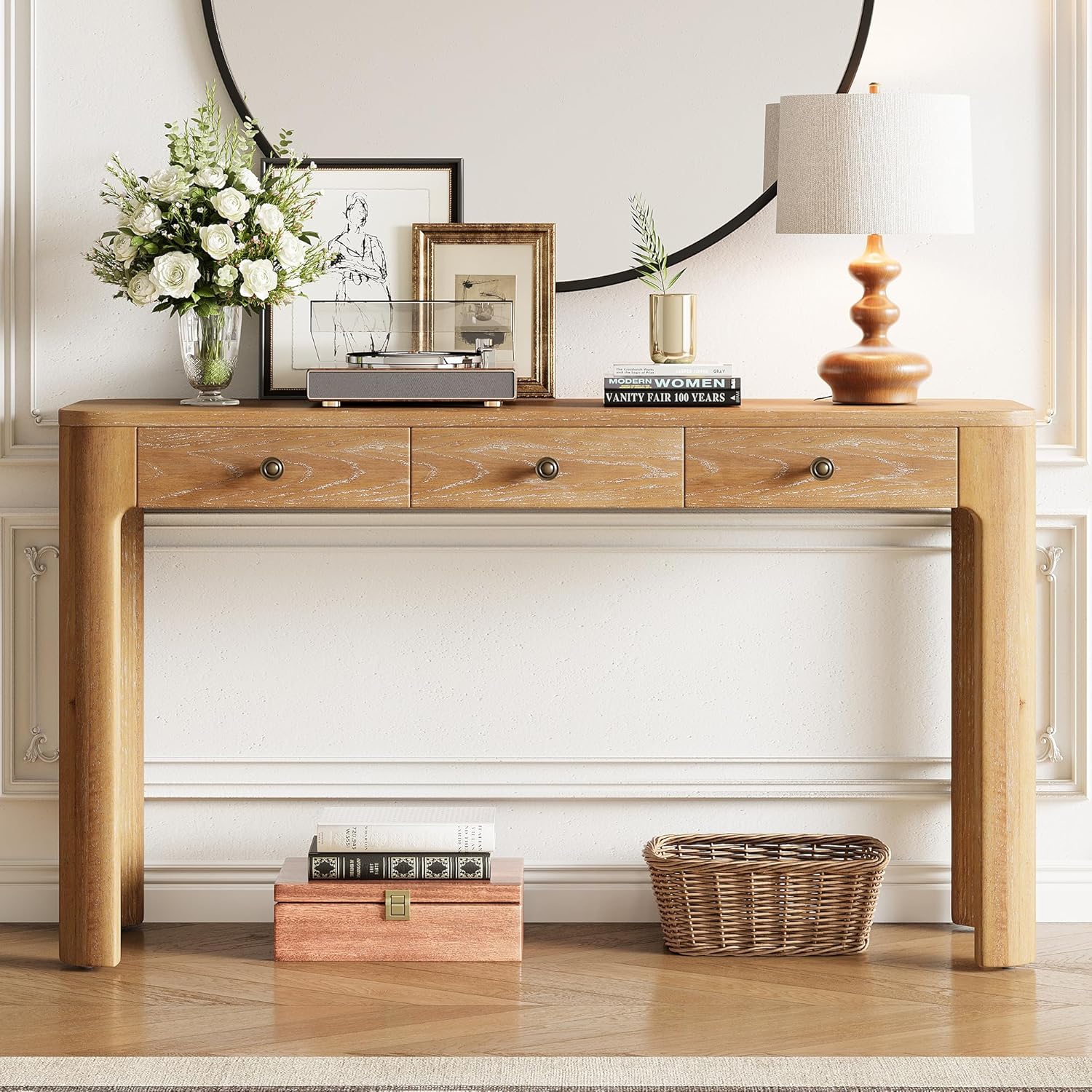 kevinplus 42'' Small Console Table Narrow Sofa Table for Entryway, Modern Countryside Farmhouse French Style with Top Tray, Easy Assemble, White Washed & Natural Wood