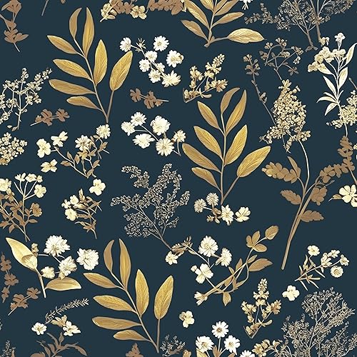 Miniatura 10 de Papel Tapiz de Hoja Azul/Dorada Despegar y Pegar Papel Tapiz Vintage Floral Oscuro Impermeable Autoadhesivo Removible Boho Papel de Pared Moderno