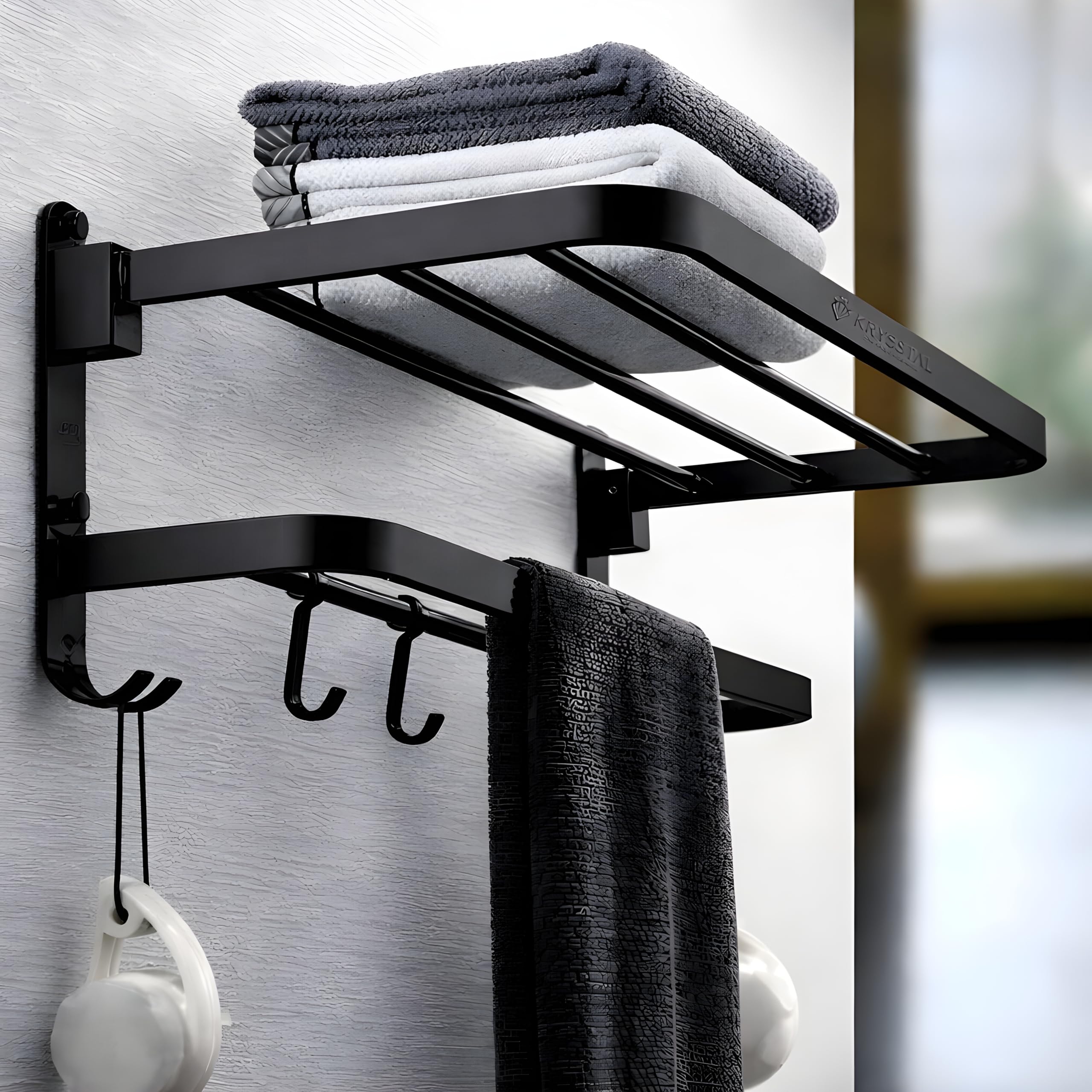 Towel Holder in Bathroom - Towel Hanger for Wall,TwinFlex 304 Stainless Steel Foldable Towel Rack, Rustproof Wall Mounted Bathroom Shelf with Hooks, Heavy Duty Bathroom Accessories,24 Inch, Black-image-22