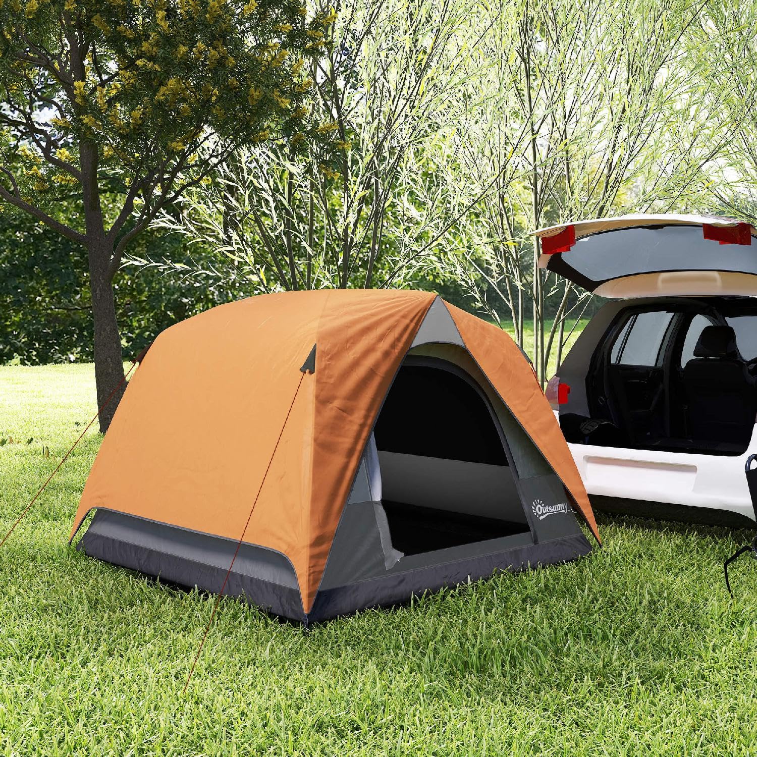 Tenda Campeggio 3 Posti Impermeabile con Tasca Gancio per Lanterna e Borsa 2x2x1.35m Arancione