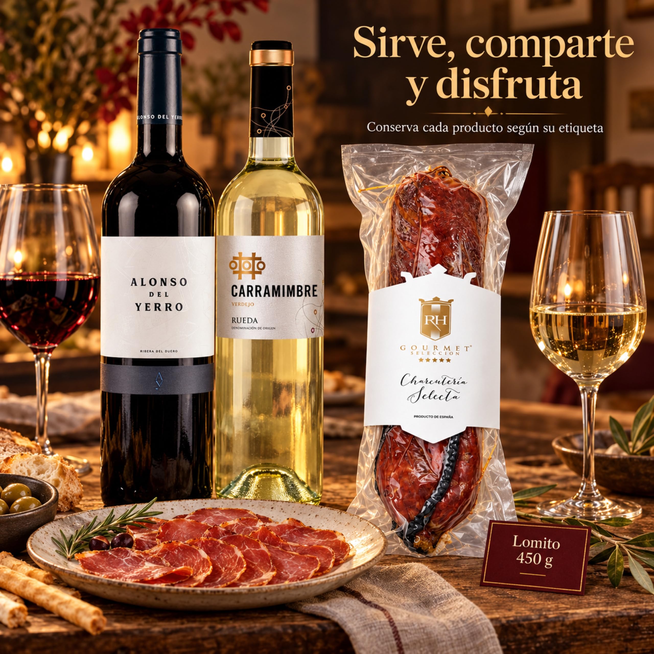 Cesta gourmet Navidad Alonso del Yerro y Carramimbre Verdejo con lomito ibérico de bellota 100% 450 g RH Gourmet, pack de 2 botellas 75 cl