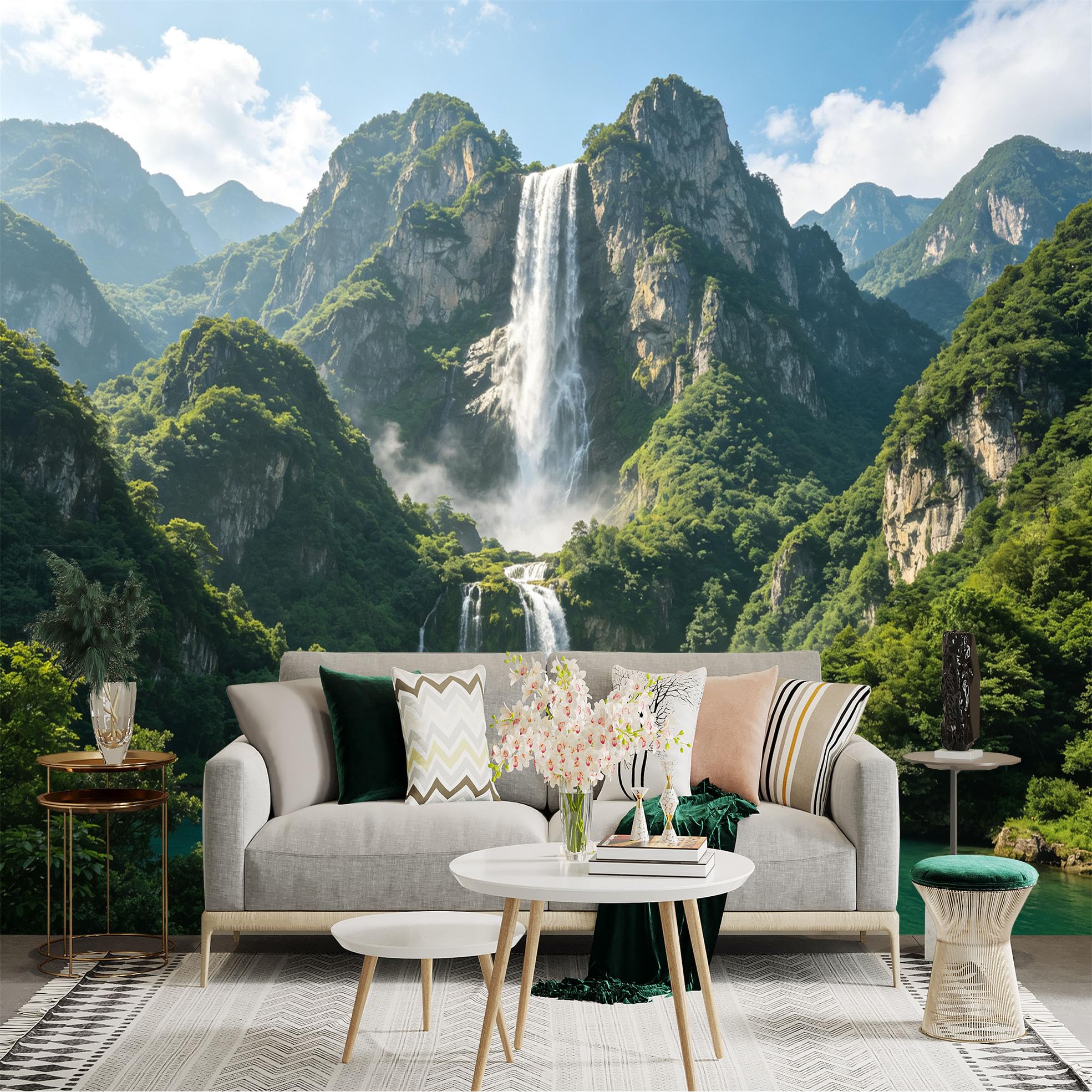 Custom Size Wall Sticker Mural， Majestic Waterfall in Lush Green Mountains， Tropical River Landscape， for wall Decoration， peelandstick wall Decals.