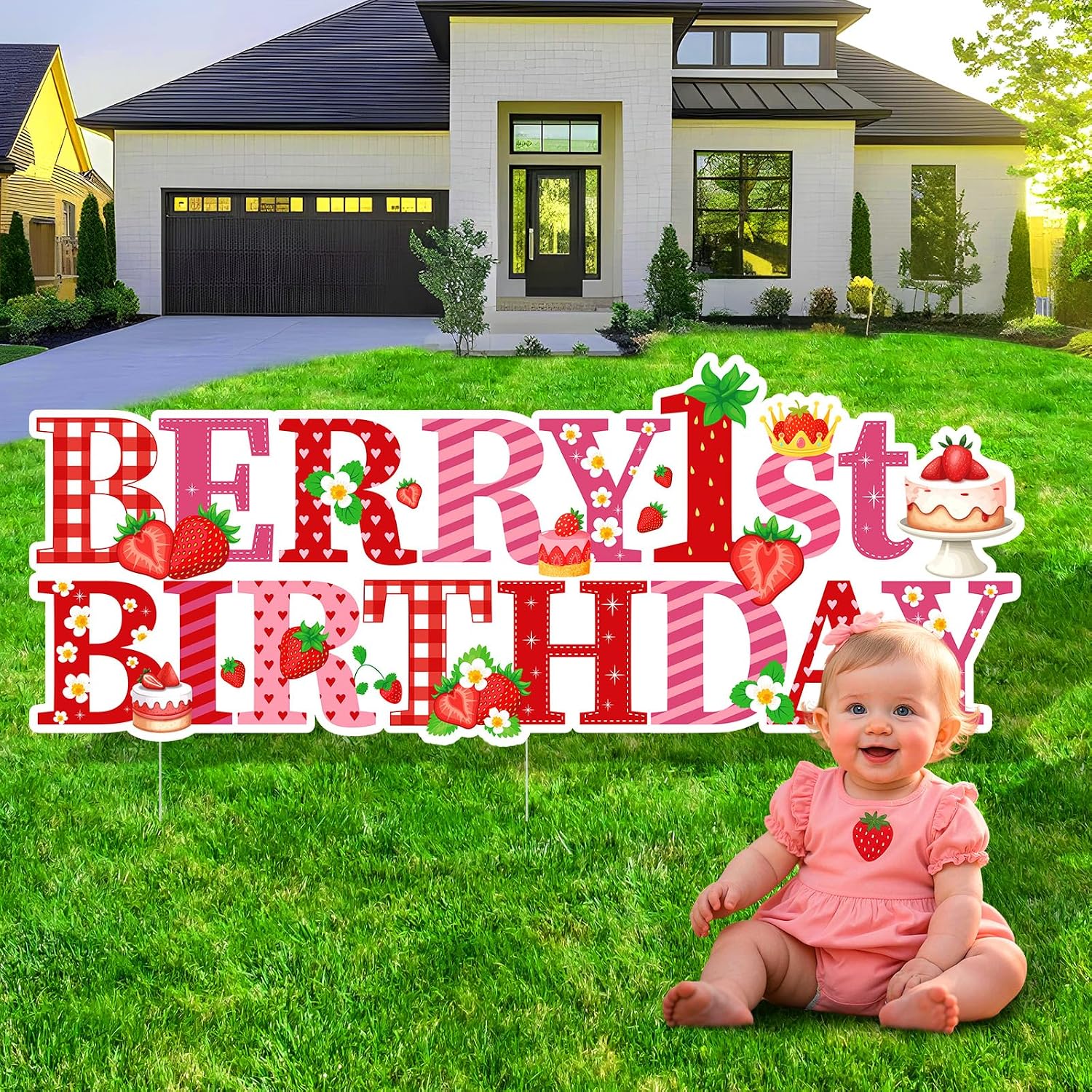 1PC Strawberry First Birthday Decorations Yard Signs with Stakes Berry 1st Yard Decor for Baby Shower First Bday Sweet One Red Strawberry Birthday Lawn Sign for Garden Outdoor Party Supplies
