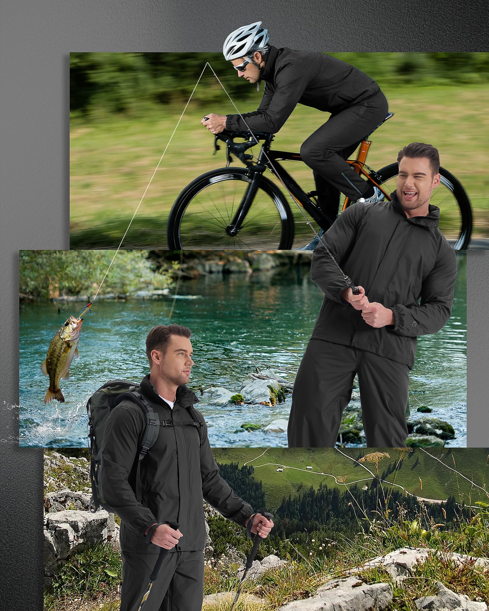 Traje impermeable reflectante para hombre, impermeable al aire libre, chaqueta de lluvia a prueba de viento+pantalones de lluvia transpirable para pesca, senderismo, camping