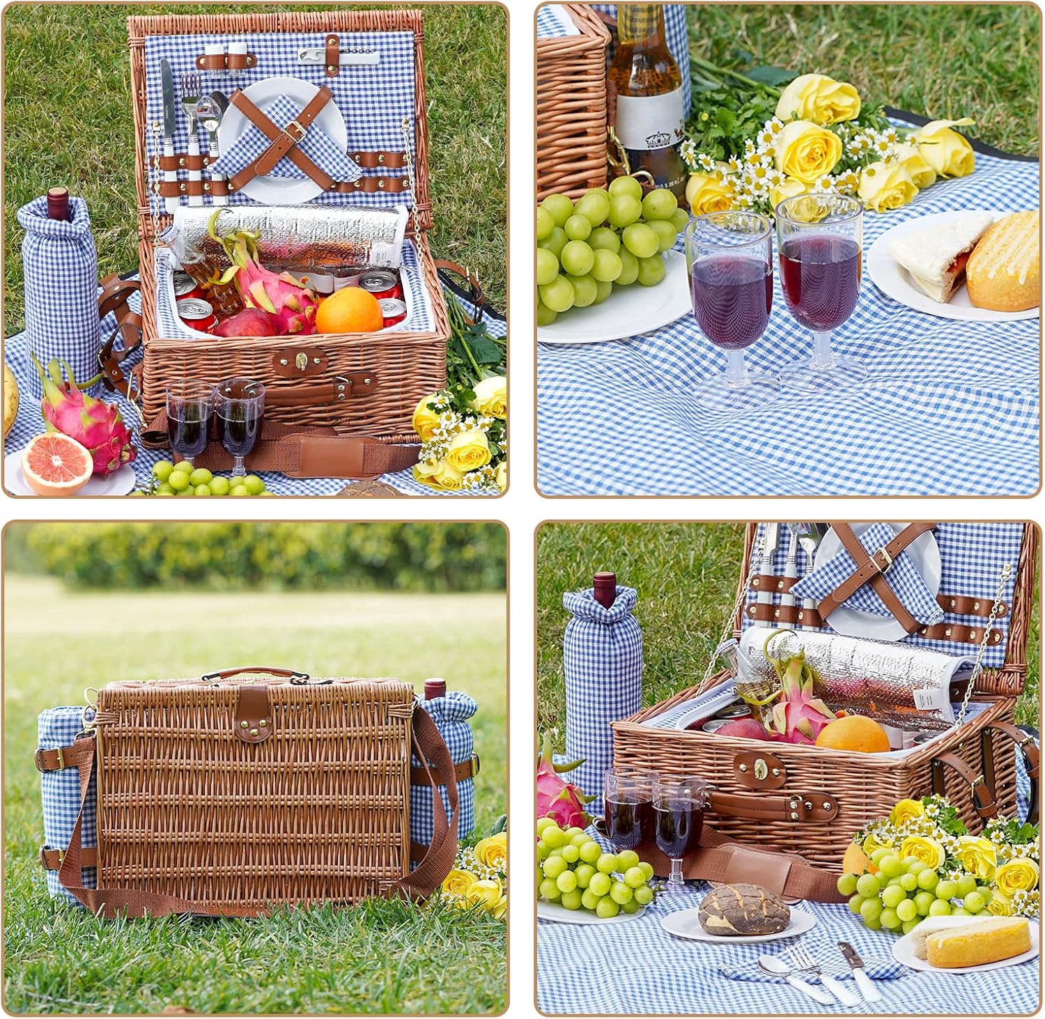 Picnic Baskets for 2, Picnic Basket with Waterproof Blanket, Picnic Basket Set with Washable Beach Mat & Large Insulated Cooler Compartment, Handmade Natural Wicker Hamper for Camping, Outdoor Party
