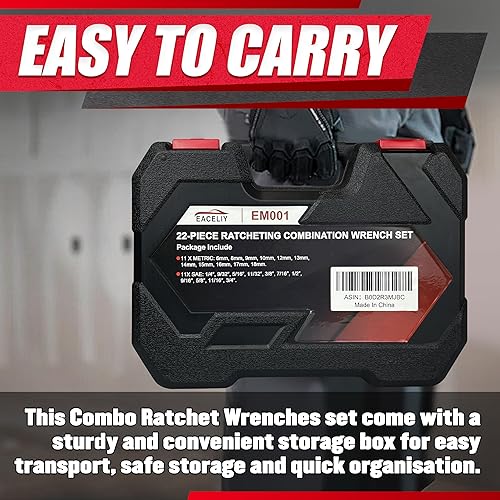 Miniatura 6 de Juego de 22 llaves combinadas de trinquete, juego de llaves de trinquete combinadas, 72 dientes, métricas y SAE, 0.236-0.709 in, 14-34 pulgadas,