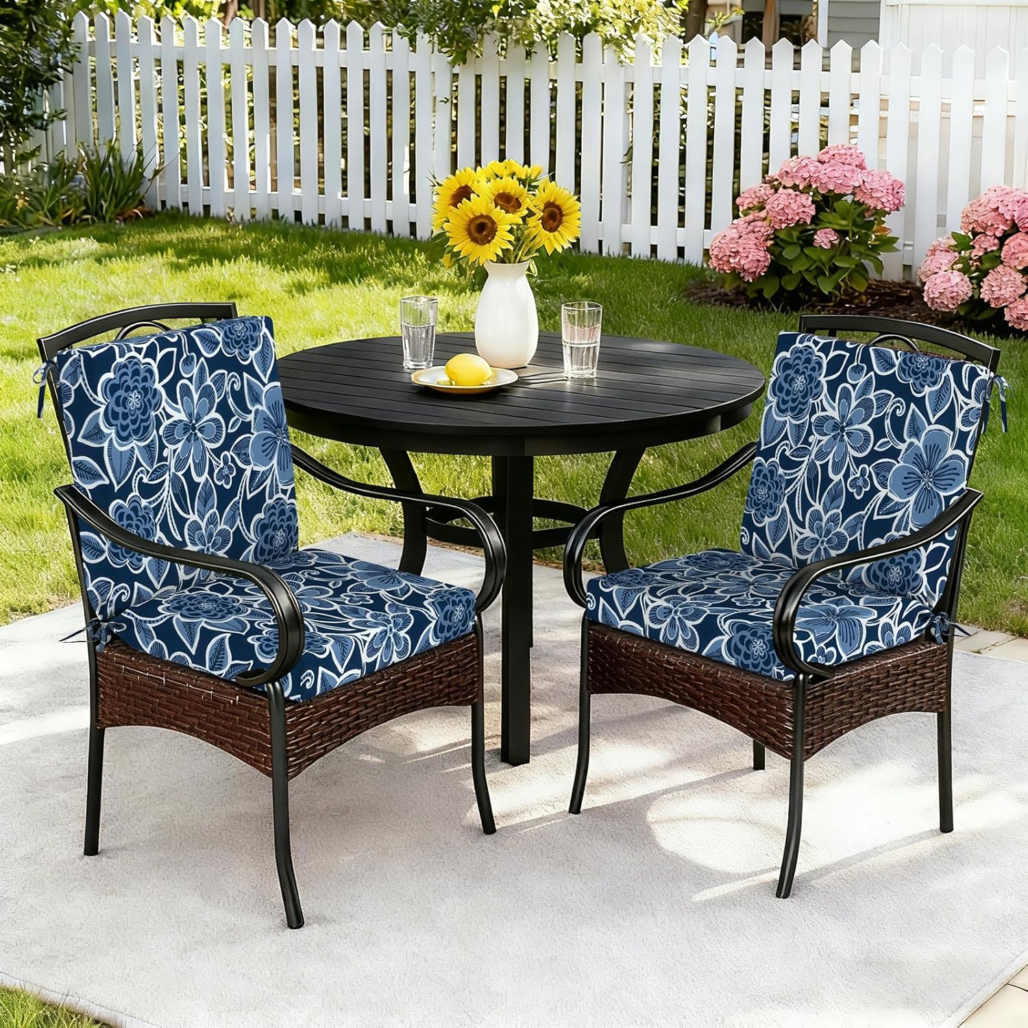 DYTXIII Outdoor Midback Chair Cushions Set of 2-20"x17" Water Repellent & Fade-Resistant Patio Seat Cushions with High-Resiliency Foam, Non-Slip Ties for Dining, Balcony Furniture-Flower Navy