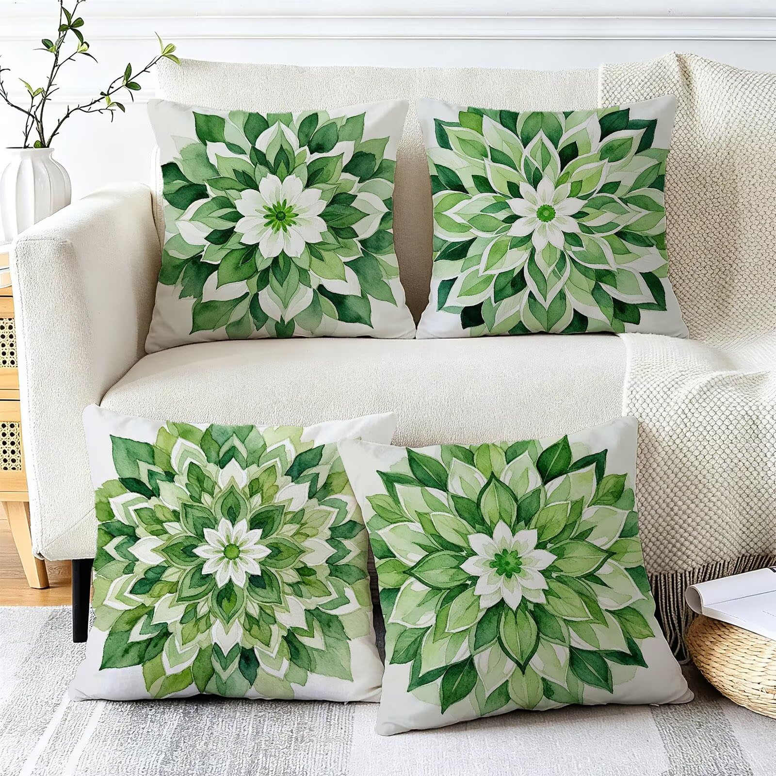 Verde Federe Cuscini Divano 50x50cm, Cuscini da Esterno Set de 4, Cod-170 | Lin Copricuscini Decorativi Letto Arredo, per Letto, Soggiorno, Giardino, Esterno, Casa Decorazione Set di 4 Mandala