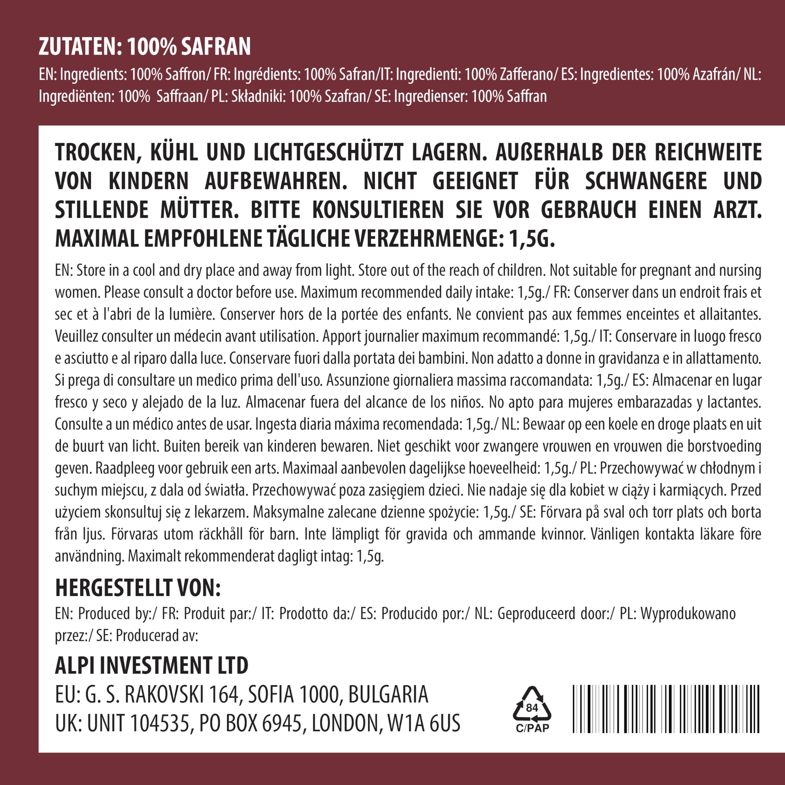 Alpi Nature Azafrán 5g, Azafrán Rojo en Hebras Grado A, Categoría 1 ISO 3632-3