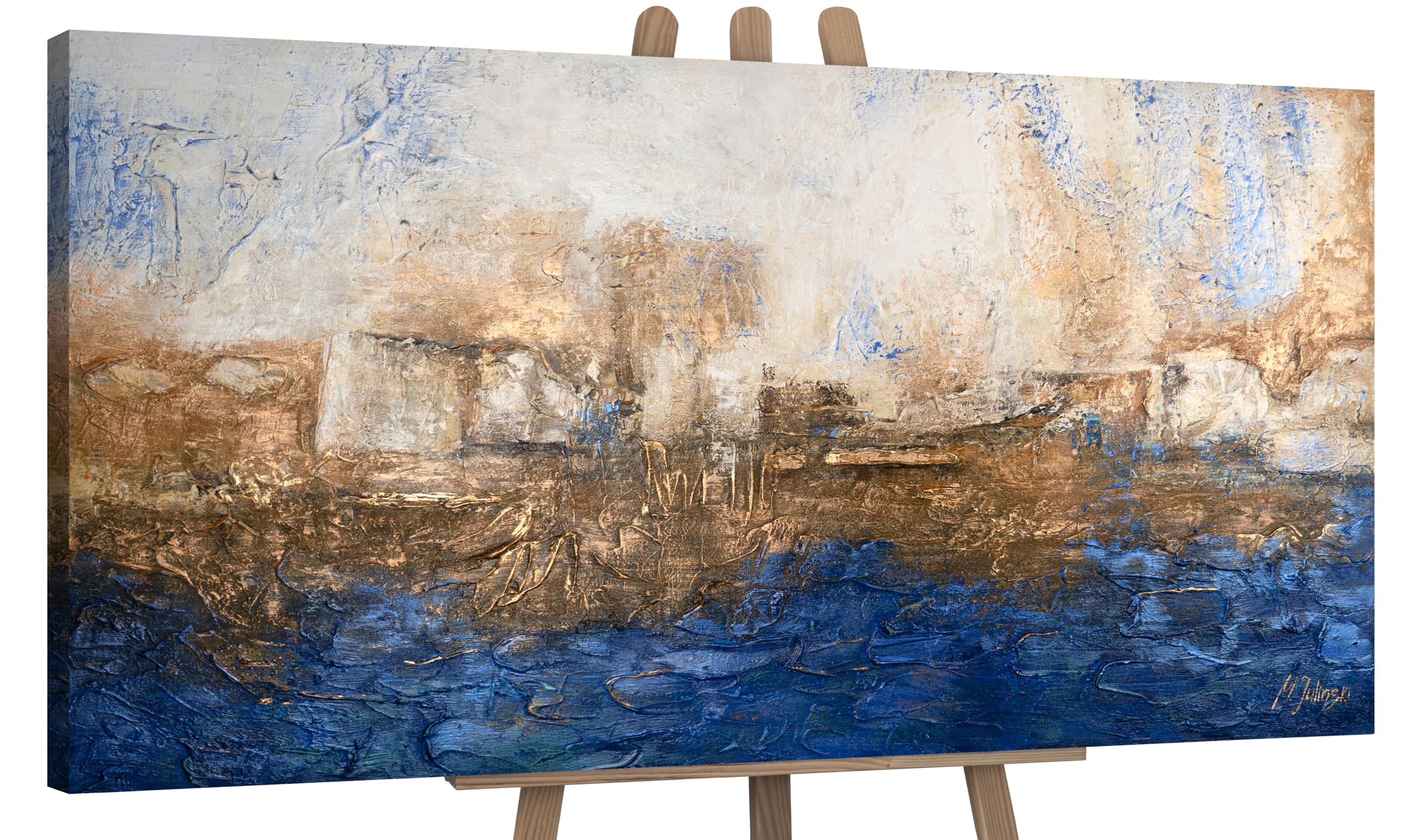 Ys With Stretcher Frame -Art Original Handmade Painting Blue Gold Color, Unique Textured Artwork, Rich Intense Abstract For Office Home Decor, Luxury 48X24 Inch