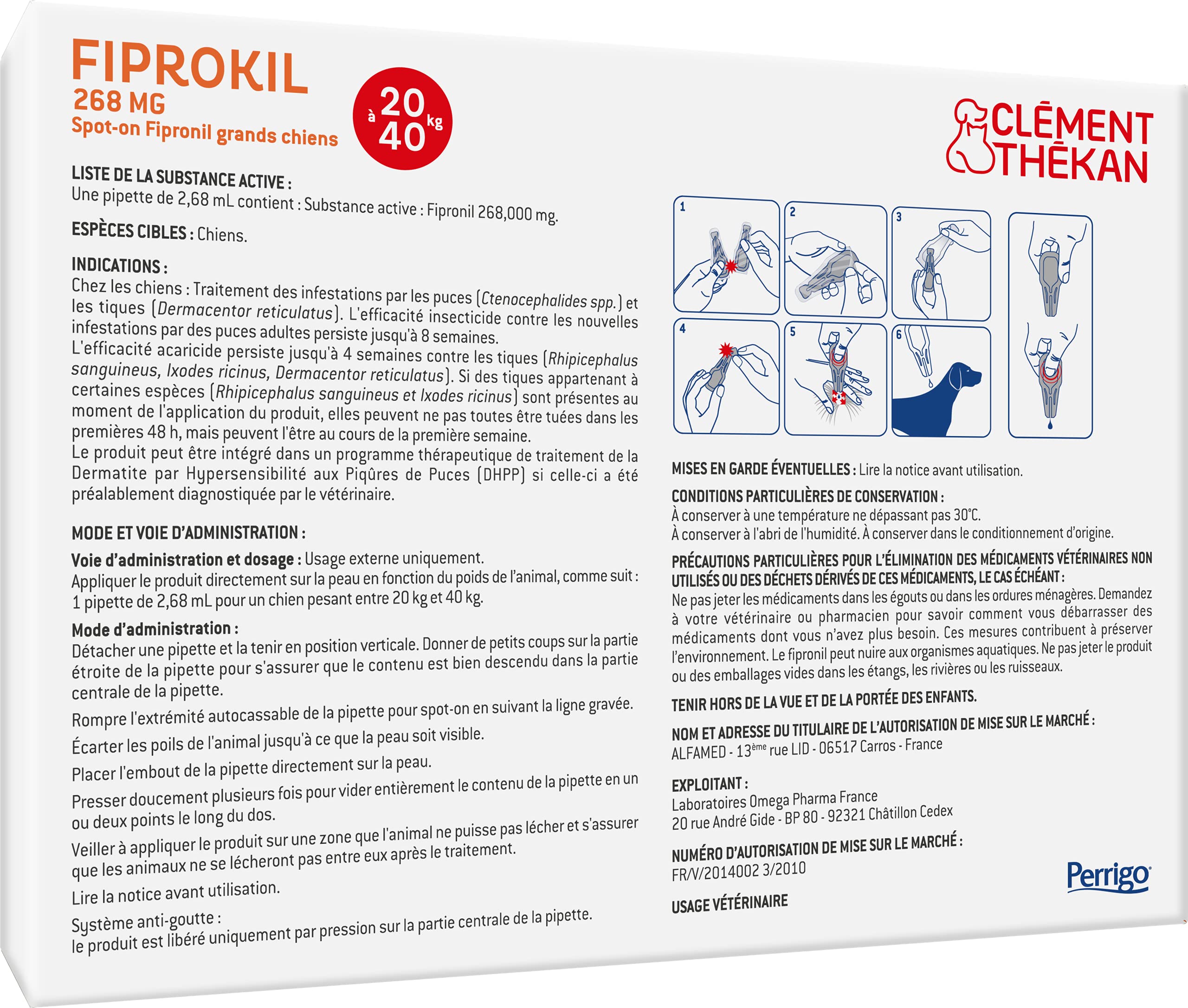 Clément Thékan - Anti-puces et anti-tiques pour grands chiens de 20 à 40 kg - 4 pipettes - Solution pour Spot-on Fiprokil 268 mg
