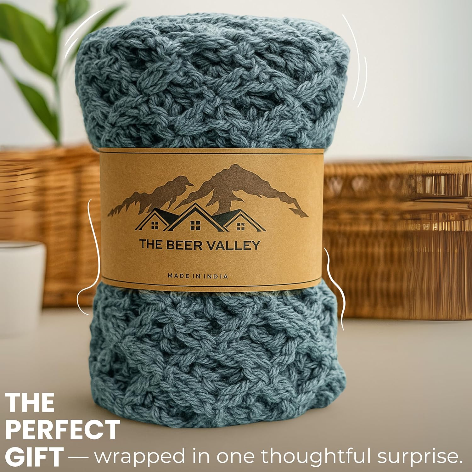 THE BEER VALLEY Hand Knitted Boho Rug 3' Round (Spa Blue) – Decorative Handmade Accent Rug, Anti-Slip Cotton Floor Carpet for Living Room, Bedroom, Kitchen – 3 Feet Round