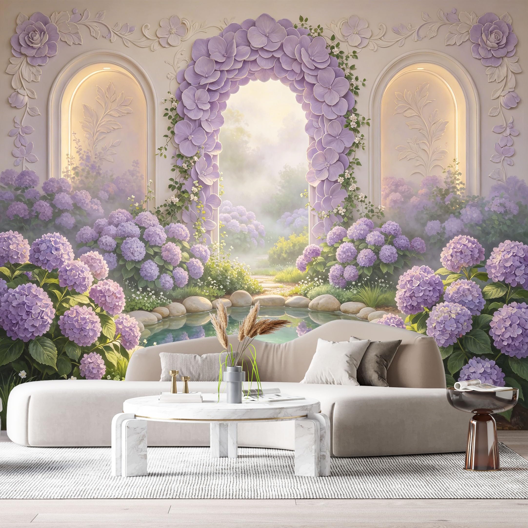 Custom Size Wall Murals Purple Hydrangea Flower Arch Pond 3D Trompe L'Oeil SelfAdhesiveWall Fabric Removable Wallpaper Wall Decor for Living Room Bedroom Bathroom