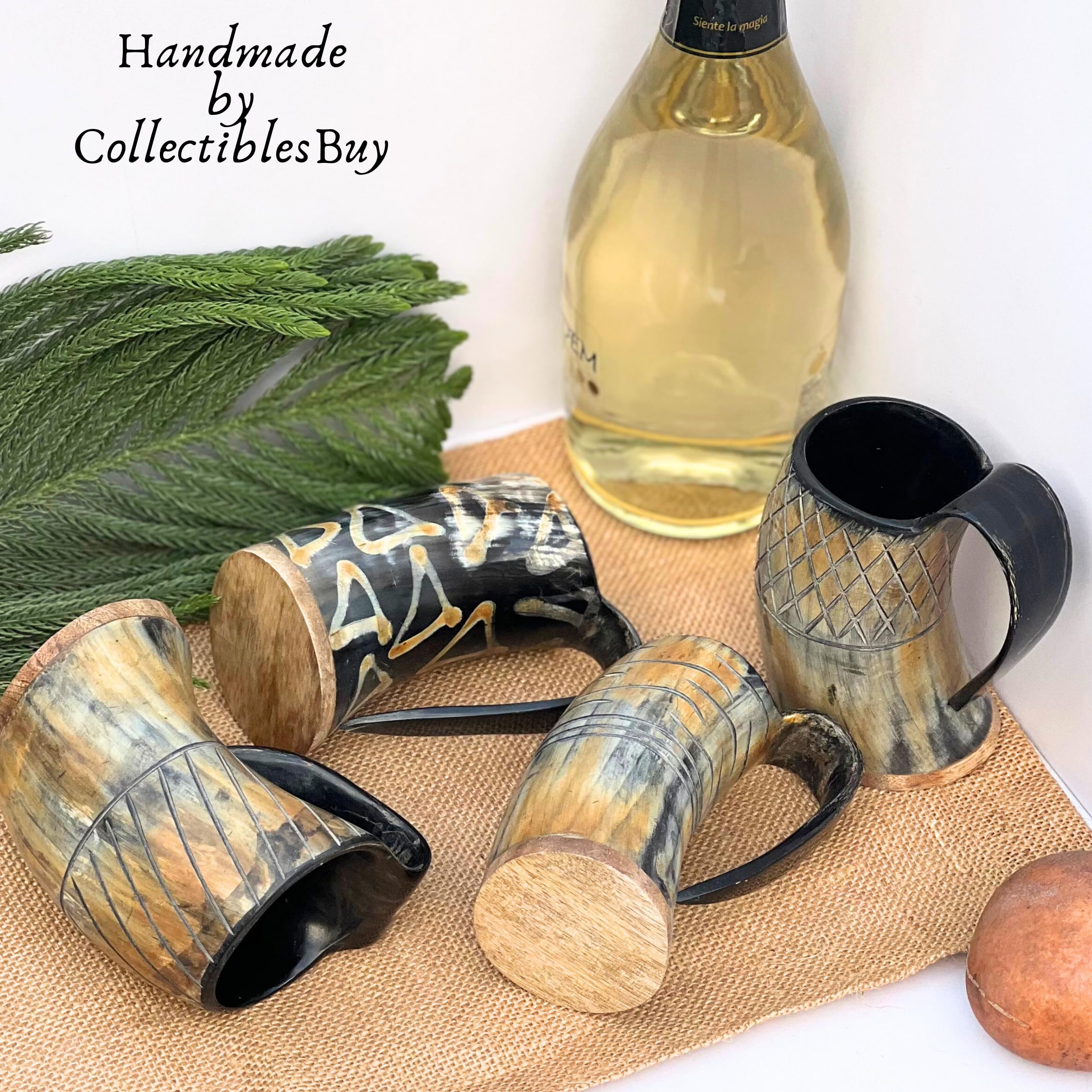 Set of 4 Viking Drinking Horn Mugs – Handcrafted Natural Ox Horn Tankards with Wooden Base | Food-Grade Lined Mead, Ale & Beer Mugs | Authentic Medieval Norse Decor & Collectible Gift