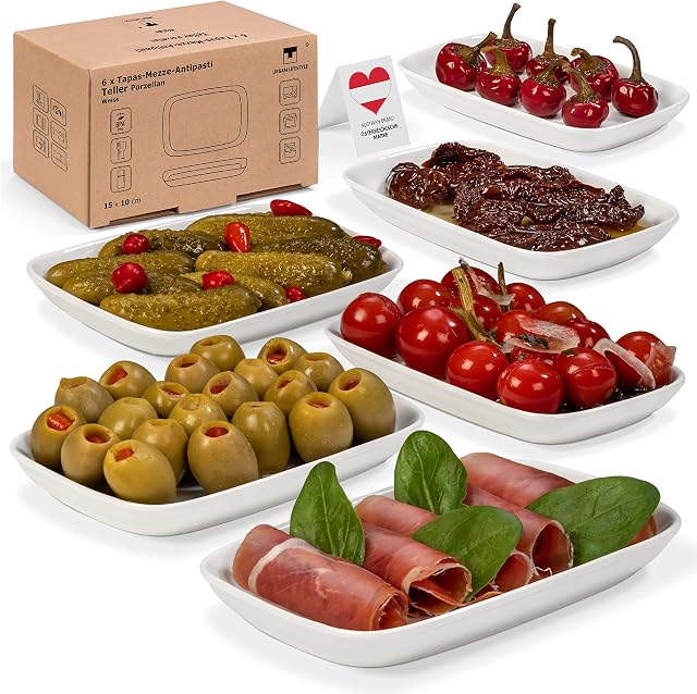 Talerz na mezze ze szlachetnej porcelany 15 x 10 x 1,7 cm zestaw 6 sztuk białe przystawki talerze przekąski Antipasti deserowe talerze z mezzu prostokątne talerze do sushi talerz do serwowania można myć w zmywarce