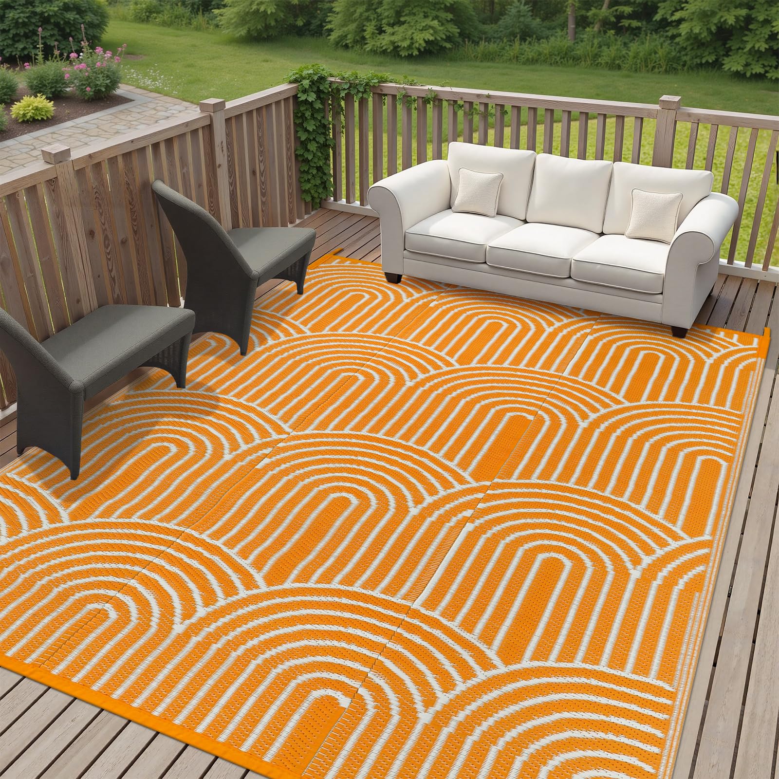 anidaroel rainbow patio rugs outdoor 8'x10' waterproof, reversible camping rug for outside rv, portable plastic straw outdoor area rug for backyard, garden, pool deck (orange, 8‘x10')