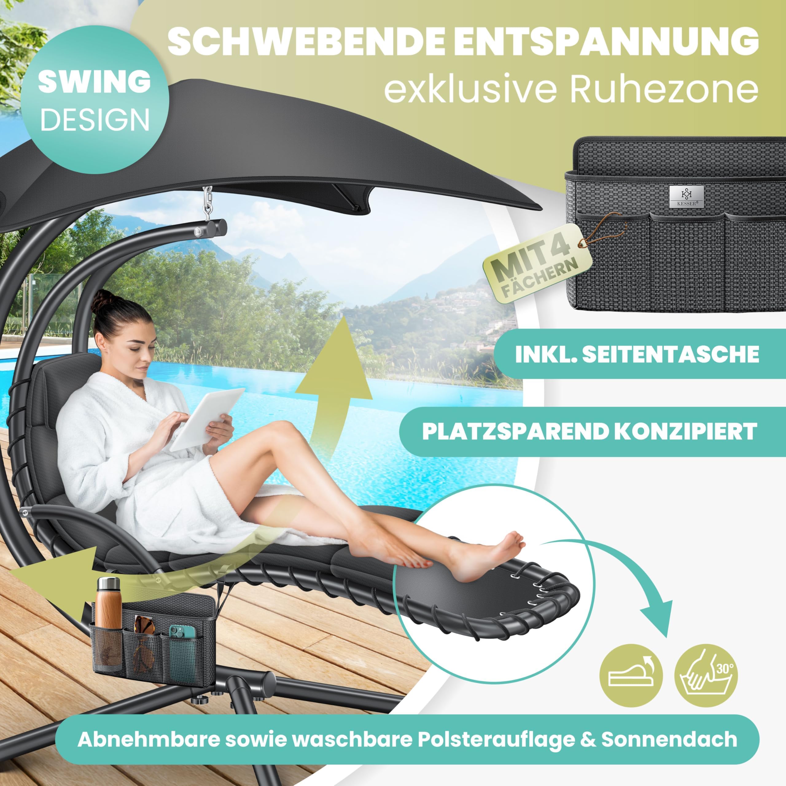 KESSER® Schwebeliege mit Sonnenschirm, Hängeliege, Sonnenliege H200, L194, B100 cm, Relaxliege, Schaukelliege Hängematte, bis 120 kg belastbar, Auflagen - Nackenkissen, Inkl. Tasche