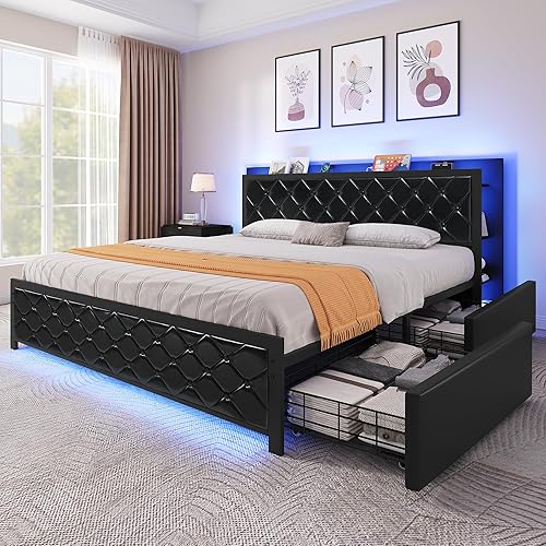 YITAHOME Queen Bed Frame with RGB LED Lights Headboard & 4 Storage Drawers, Modern Upholstered Faux Leather Platform Bed with USB-C Charging Ports, No Box Spring Needed, Black