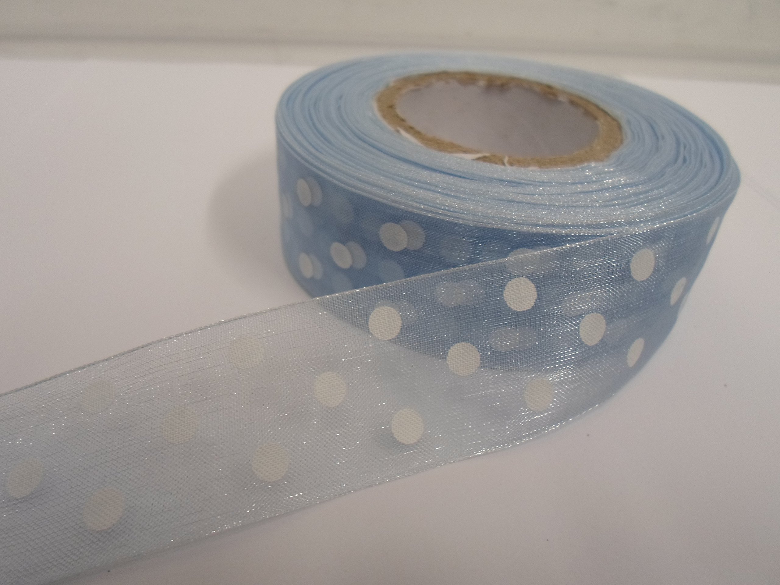 2 metres (Cut from Reel) x 25mm Polka dot Sheer Organza Ribbon Light Baby Blue with White Spots dots 25 mm 2.5cm 1" 1 Inch