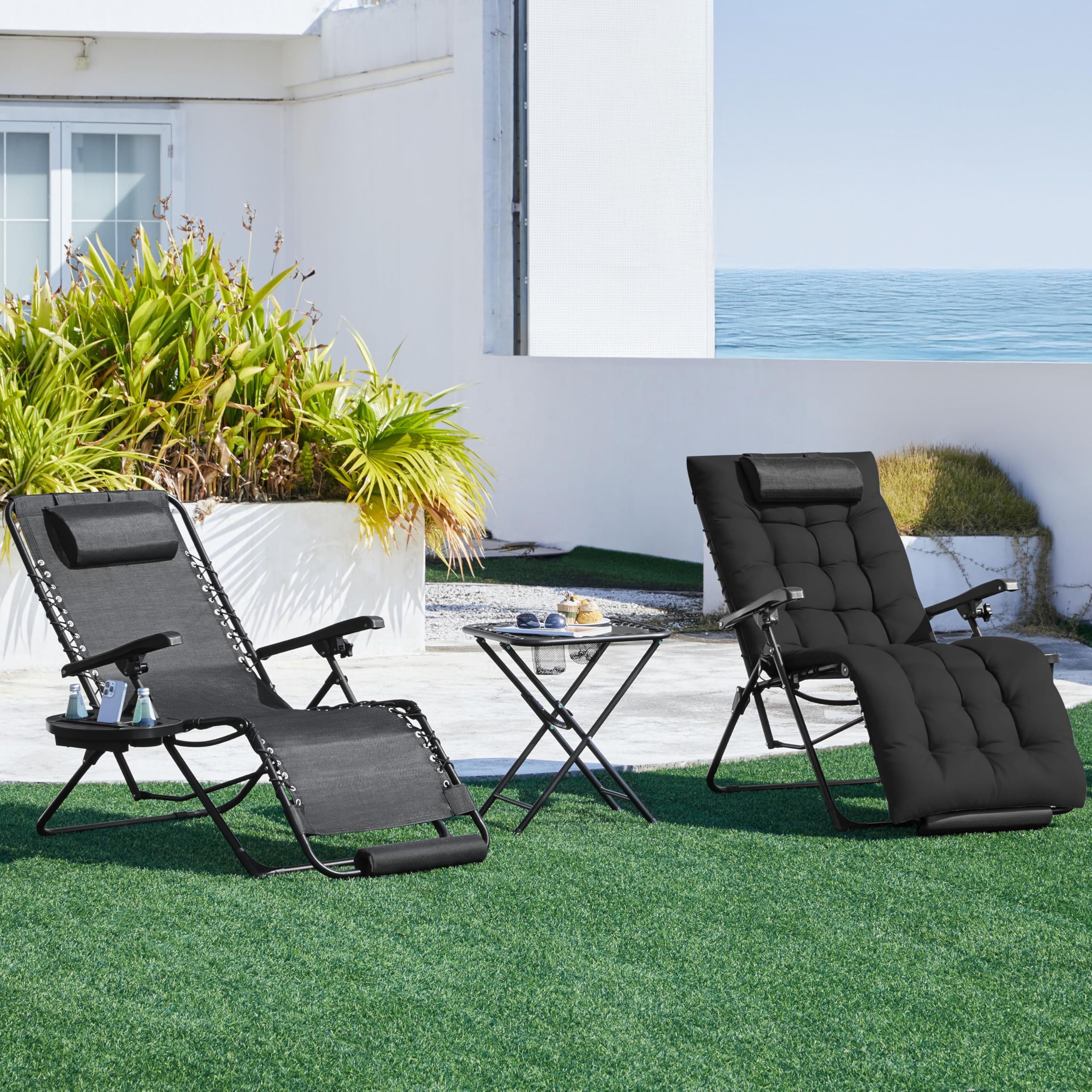 Yaheetech Tumbona Plegable y Resistente, Tumbonas Jardin Exterior, Capacidad de Carga 200kg, Tapizado Ergonómico, Respaldo Ajustable, Cojín Cervical, Portavasos y Cojín para Brazos, Gris Oscuro/Negro — view 2