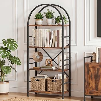 Vongrasig Industrial Arched Bookshelf, 4 Tier Open Bookcase