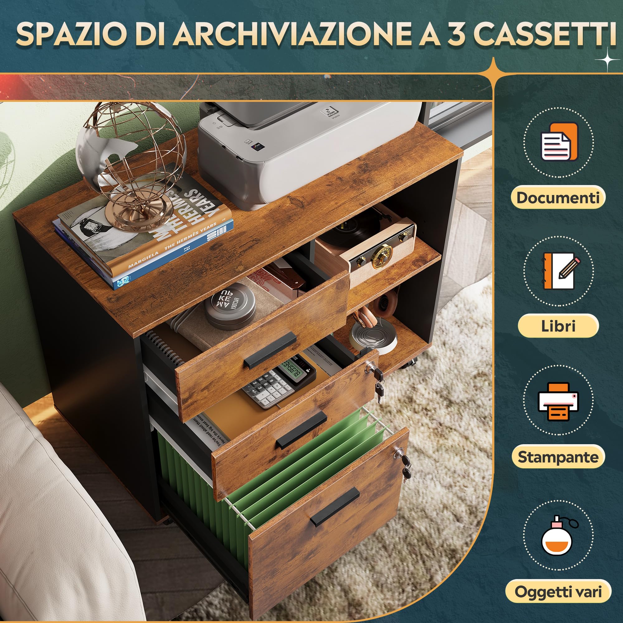 DEVAISE Carrello Portadocumenti 3 Cassetti con Piano Legno, Mobile Ufficio con Stampante, Retro, Marrone