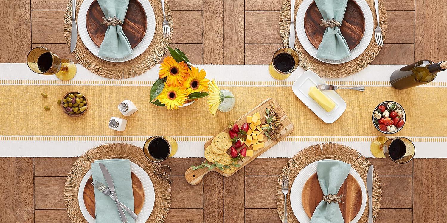 DII Dobby Stripe Woven Table Runner, 13x108 (13x113.5, Fringe Included), Honey Gold