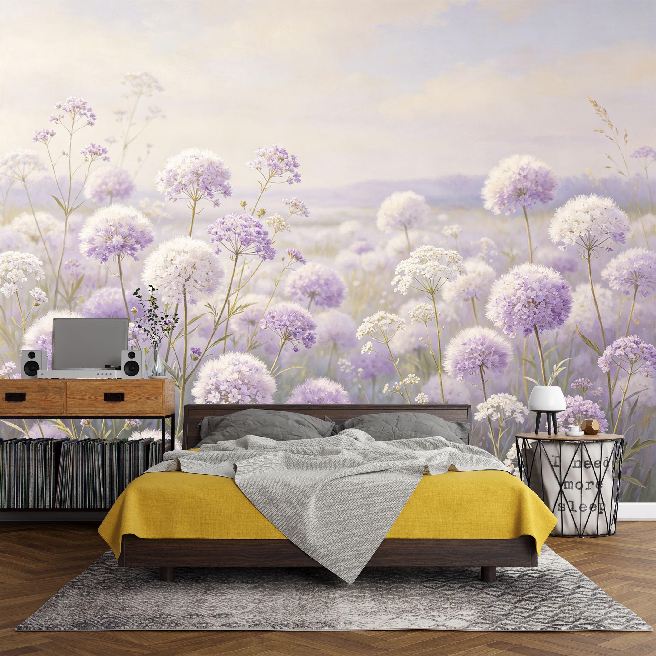 Custom Size Wall Mural， Botanical Lavender Field Pastel Wildflower Landscape，SelfAdhesive Art Prints wall Fabric (No PVC) Removable Wallpaper Living Room Decor