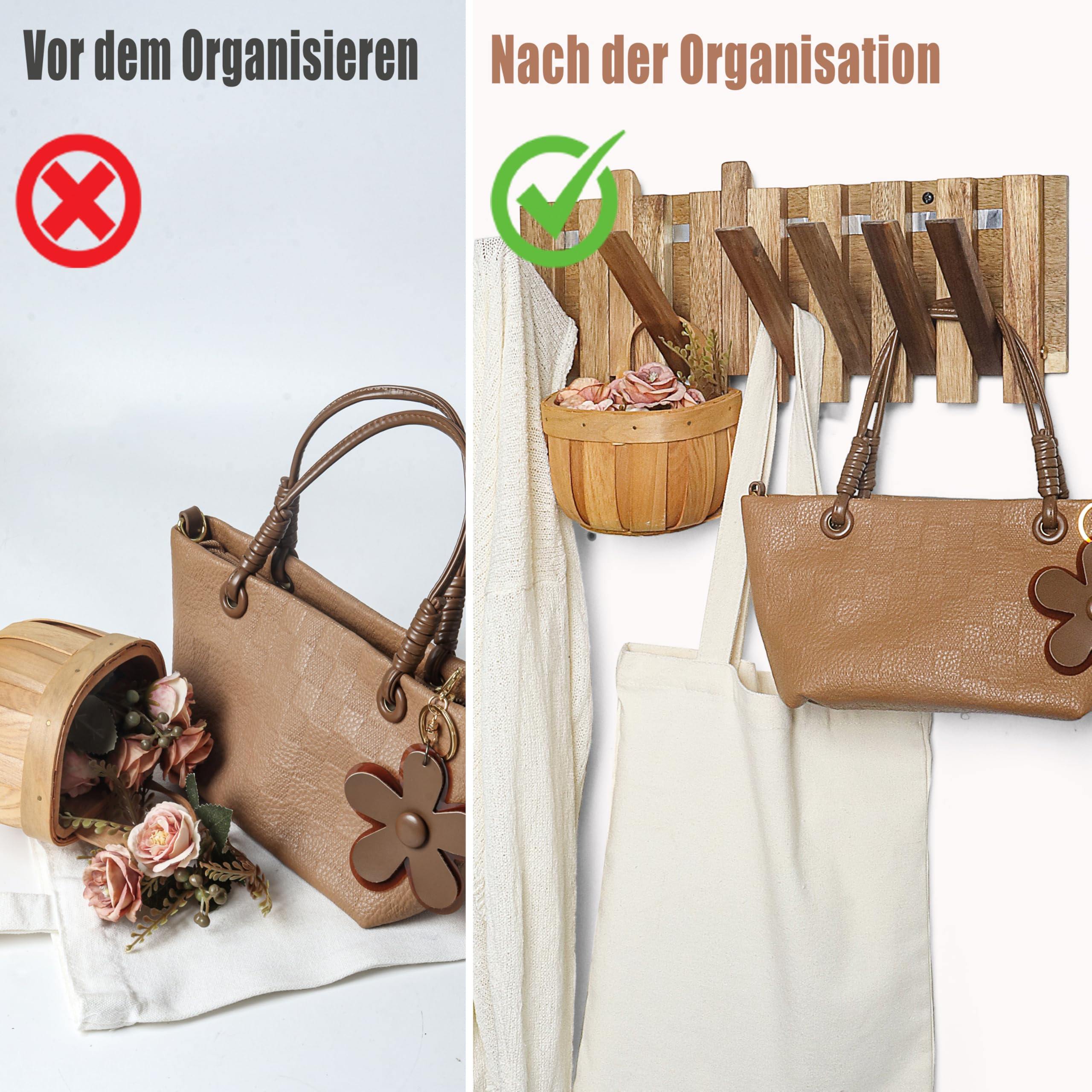 Garderobenleiste Holz im rustikalen Stil mit 8 Haken: Versetzter Stil magnetisch Herunterklappbare Wandhaken für Flur – 42,5 cm – platzsparende Wandgarderobe für Jacken, Mäntel, Taschen