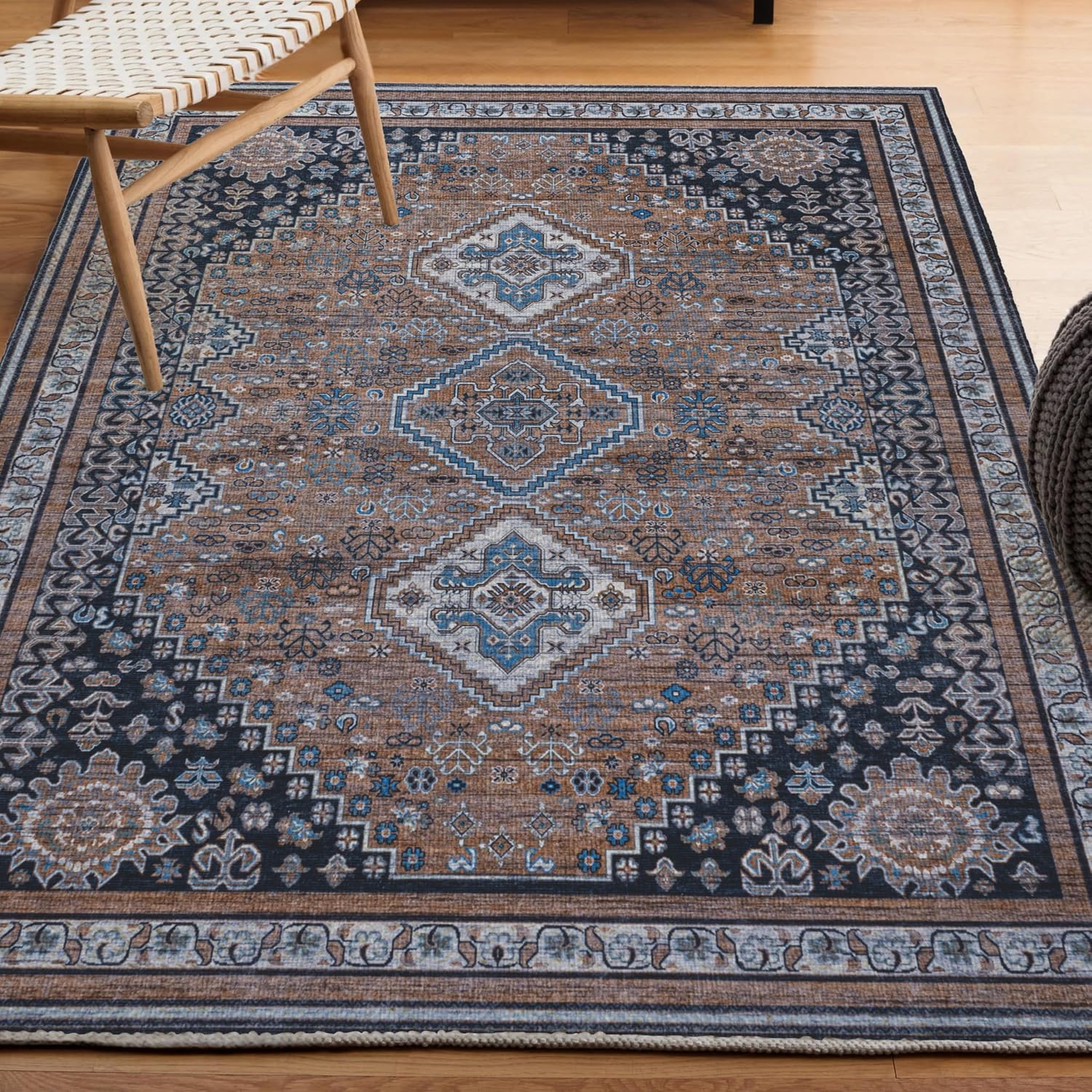 JONATHAN Y Machine Washable Indoor Area Rug 3X5 Brown/Blue/Gray, Dalyan Geometric Medallions for Living Room, Bedroom, Kitchen, Office, Easy-Cleaning, Pet-Friendly, Non-Shedding WSH101B-3