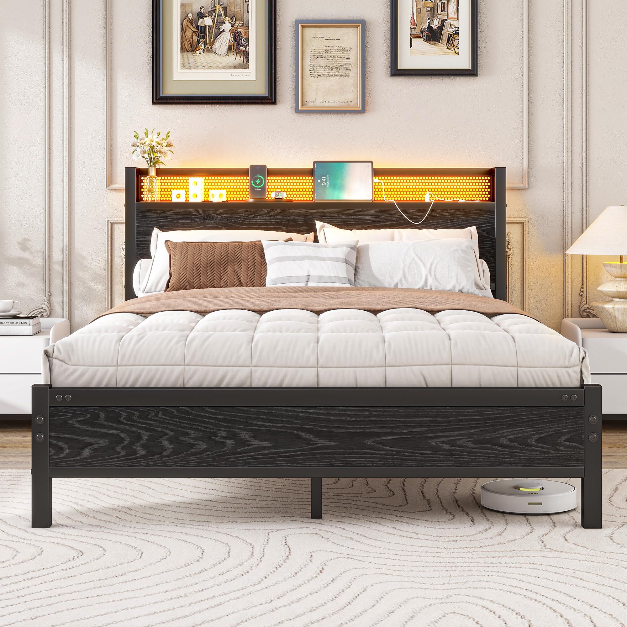 Diahomy Struttura letto king size con luci a LED/stazione di ricarica, struttura letto king size con testiera contenitore/fondazione materasso/supporto a doghe in metallo/senza bisogno di molle