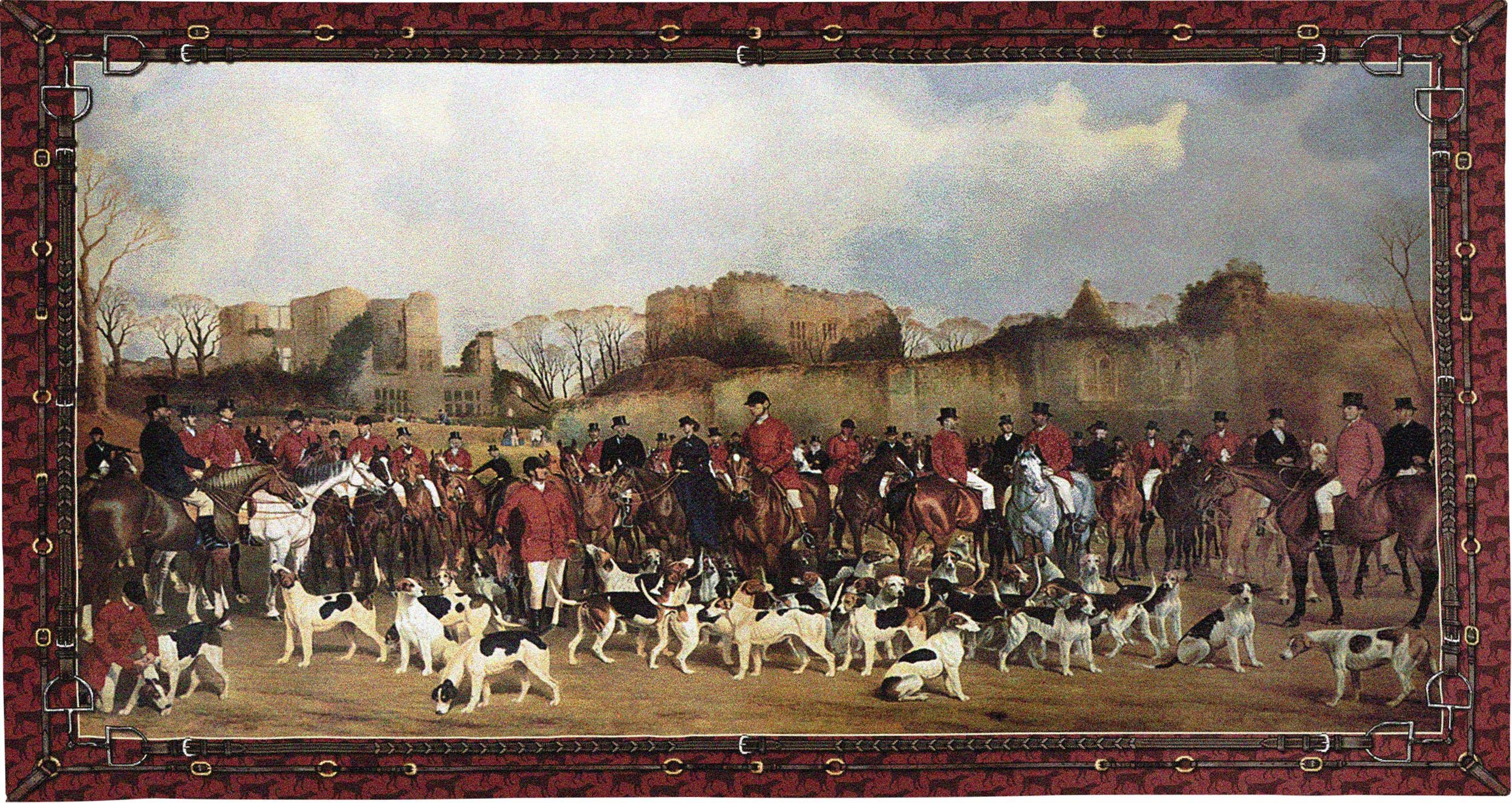 Meet at North Warwick | Woven Tapestry Wall Art Hanging | British Landscape Foxhound Hunting Scene Master Of The Hunt Theme | 100% Cotton USA Size