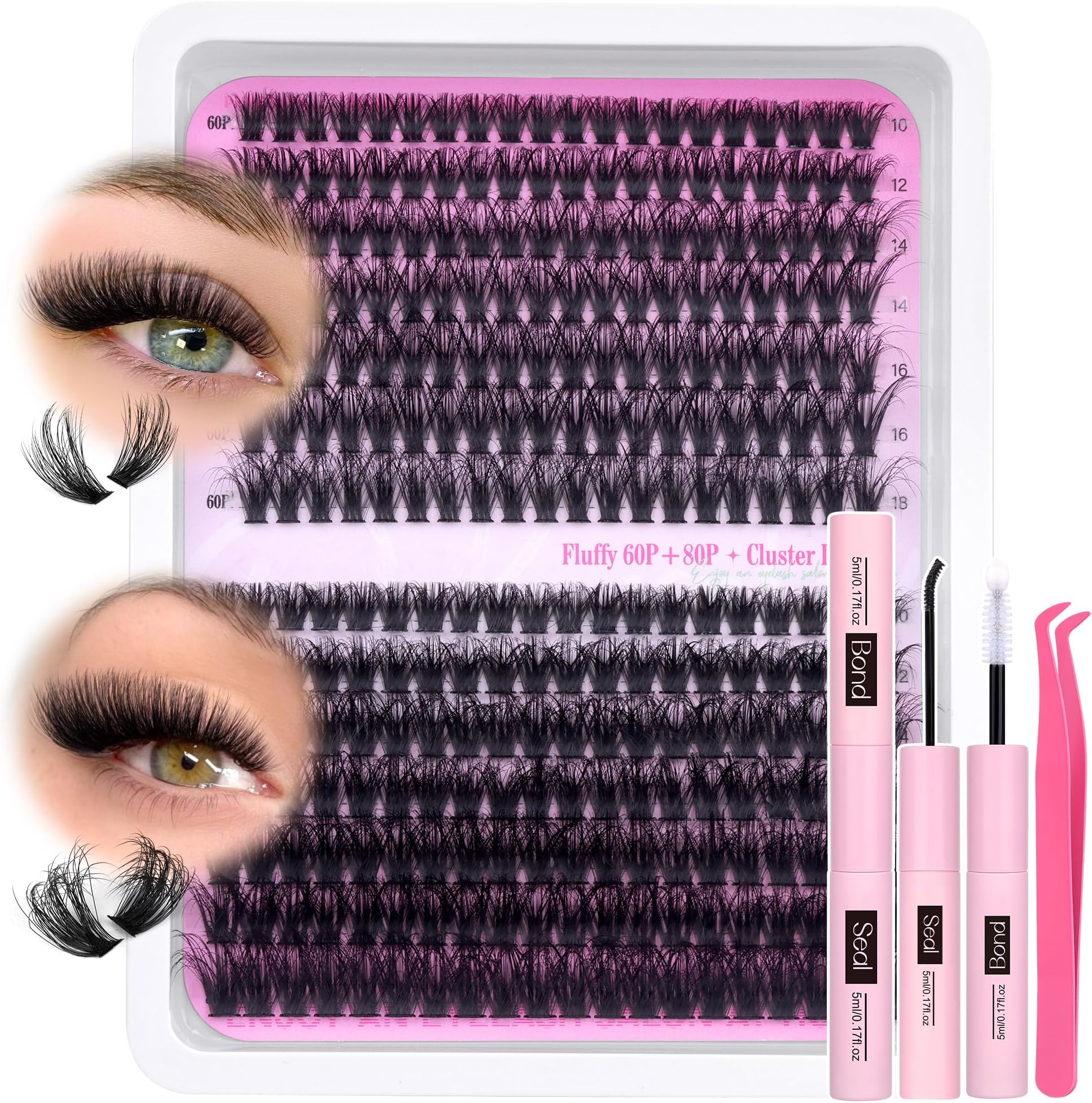 Fluffy Individual Eyelashes Kit 280Pcs Clusters Lashes Kit DIY Lash Extension kit Russian D Curl Lashes Individual Cluster with Lash Bond and Seal Lash Glue,Tweezers (60+80P, 10-18mm Mix)