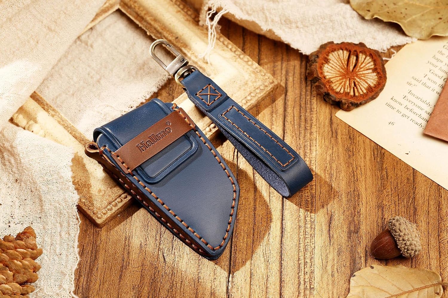 SANRILY Handmade Leather Blue 4 Button Key Fob Cover Compatible with BMW X5 2020 X1 X6 5 Series 7 Series Z4 M3 M5 M6 G05 G20 G30 G80 F10 F15 F30 F80 Keyless Smart Key Fob Case with Keychain