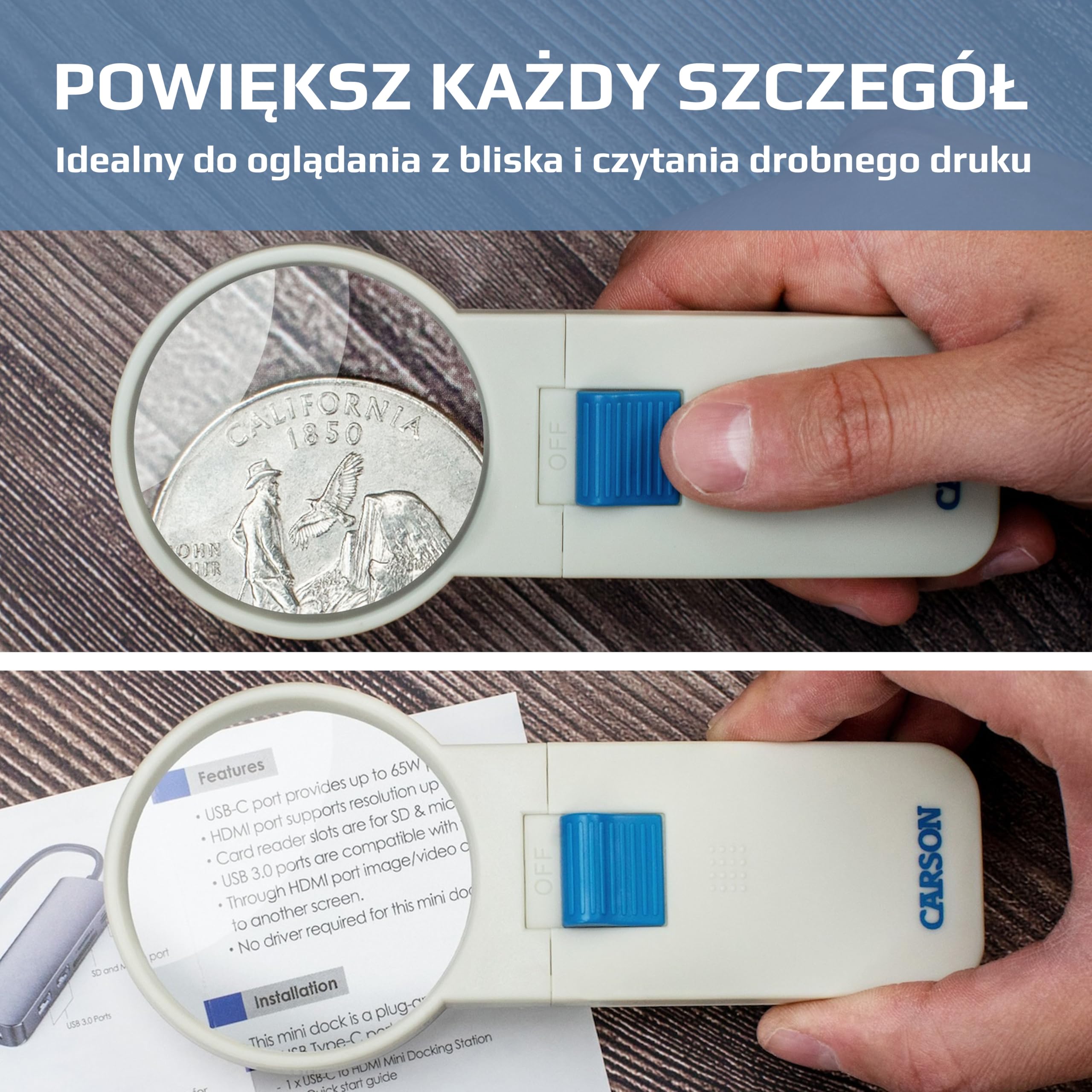 Carson Podświetlana dioda LED 5X ręczna lupa asferyczna 5 cm (SV-50), biała