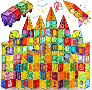 Meuzhen 120Pcs Magnetic Tiles with 2 Cars Toy Set, Magnet Diamond Tiles 3D Building Blocks, Toddler Montessori Toys for 3 ...