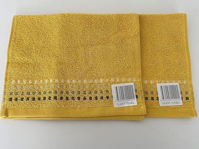 Jansons Direct Linens 2 x 100% Cotton Guest Size Towel In Ochre Yellow with Grey Stitch Design 30cm x 50cm