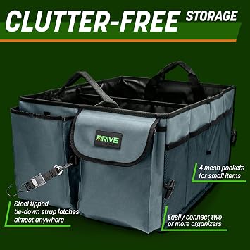 DRIVE - Car Trunk Organizer - Collapsible, Multi-Compartment Automotive SUV Car Organizer for Storage w/Adjustable Straps - Truck & Car Accessories for Women and Men - Black