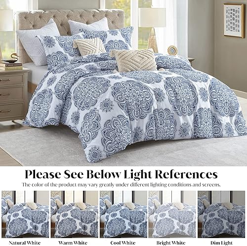 Miniatura 7 de Y-PLWOMEN Juego de funda de edredón azul tamaño Queen, 100% algodón, funda nórdica de damasco con cierre de cremallera (1 funda de edredón Queen y 2