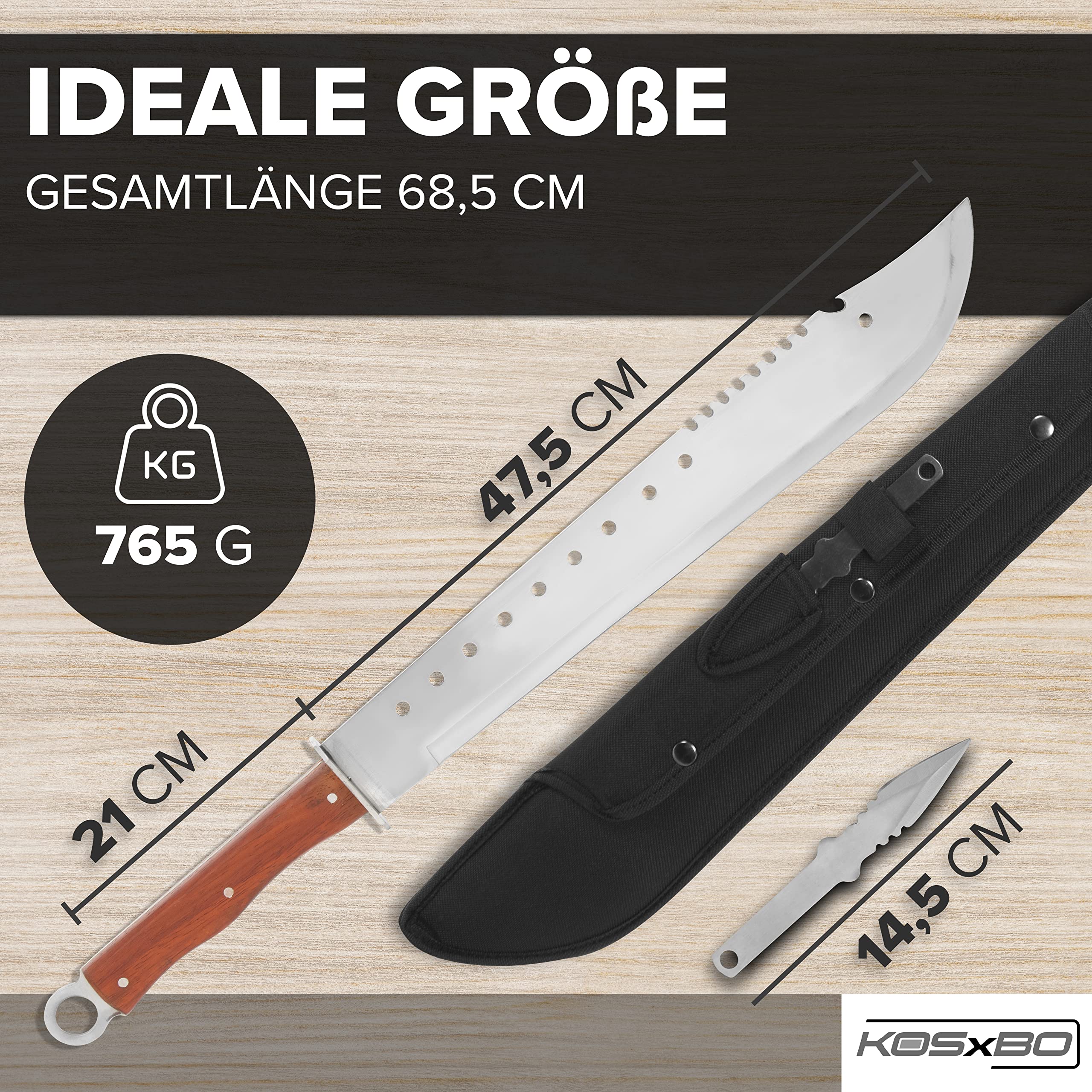 KOSxBO XXL SET Machete Survival 69 cm incl. Wurfmesser im FULL TANG Blade Style Zombie Dead Hunter Macheten Buschmesser aus Edelstahl, silber edelstahl rot holz braun
