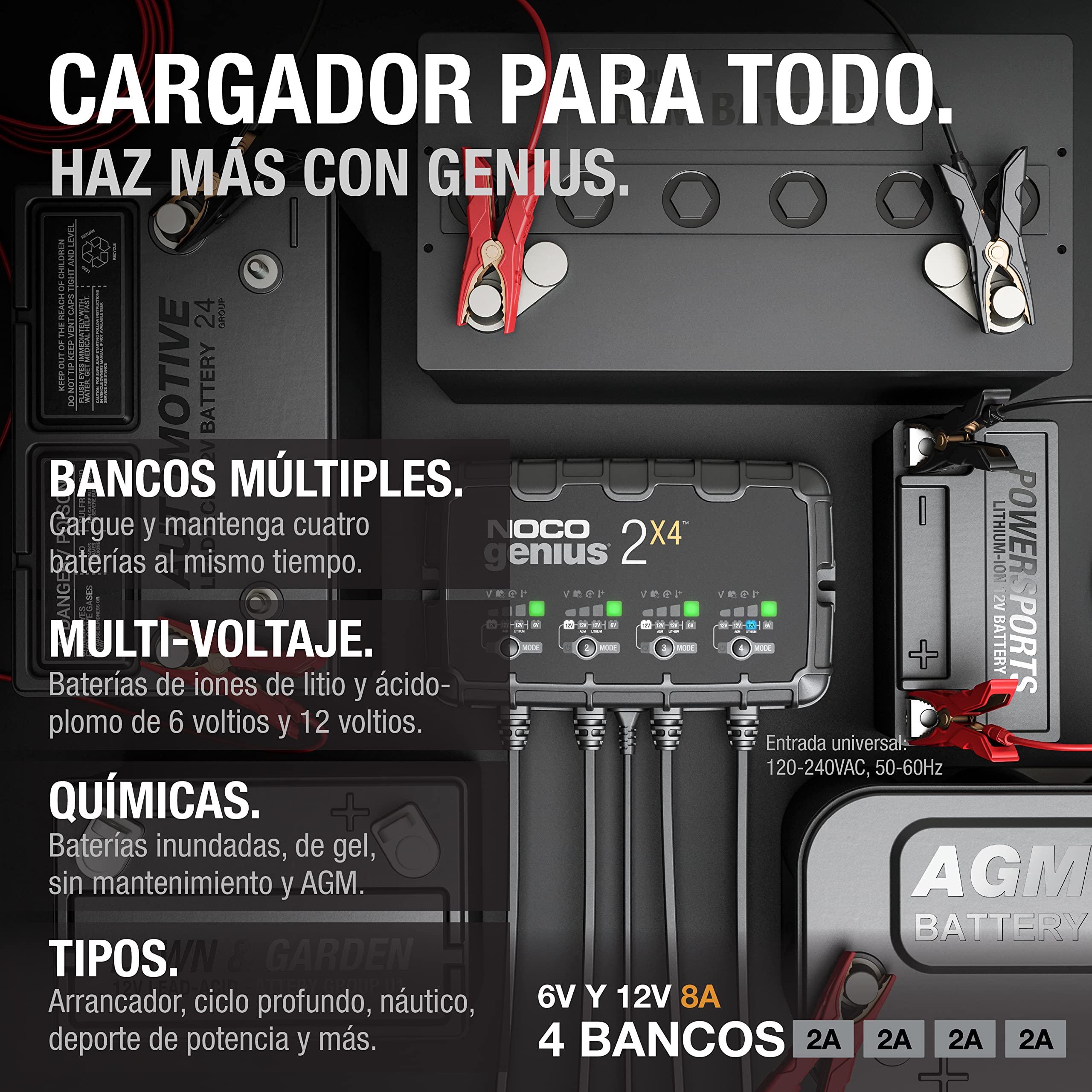 NOCO GENIUS2X4: Cargador Inteligente de baterías 8A con 4 Bancos (2A/Banco) – Mantenedor automático y desulfatador 6V/12V – Protección contra sobrecarga – para baterías de Plomo y Litio