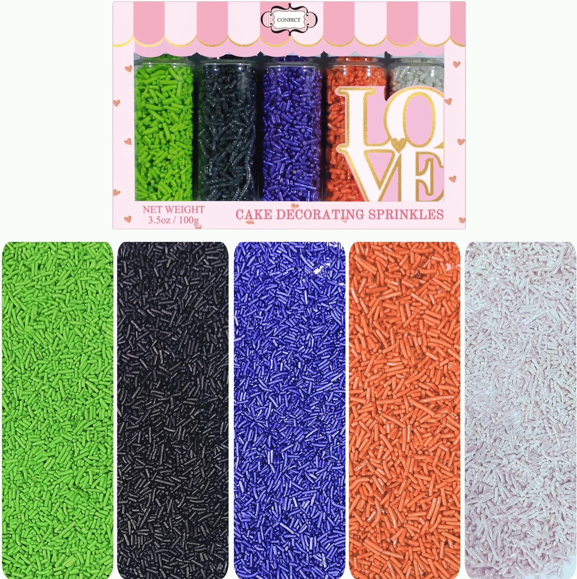 Feast of Fears Sprinkles – Edible Jimmies Mix in Silver, Orange, Irish Purple, Black & Lime Green – Halloween Vermicelli Sprinkles for Cake, Cupcake, Cookie & Dessert Decoration- 140 Gms